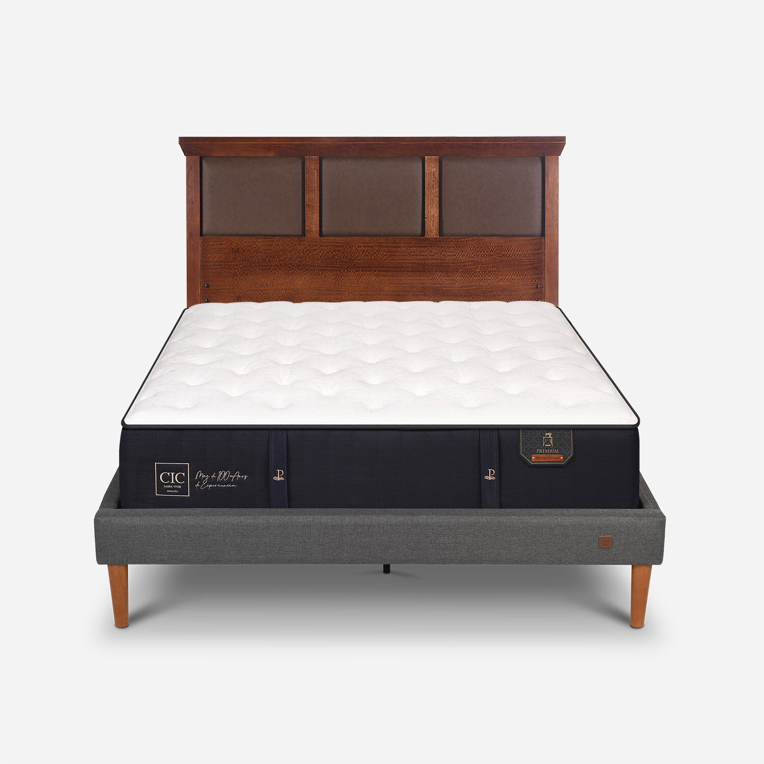 Cama Europea Curve 2 Plazas Premium + Respaldo New Torino Caramel