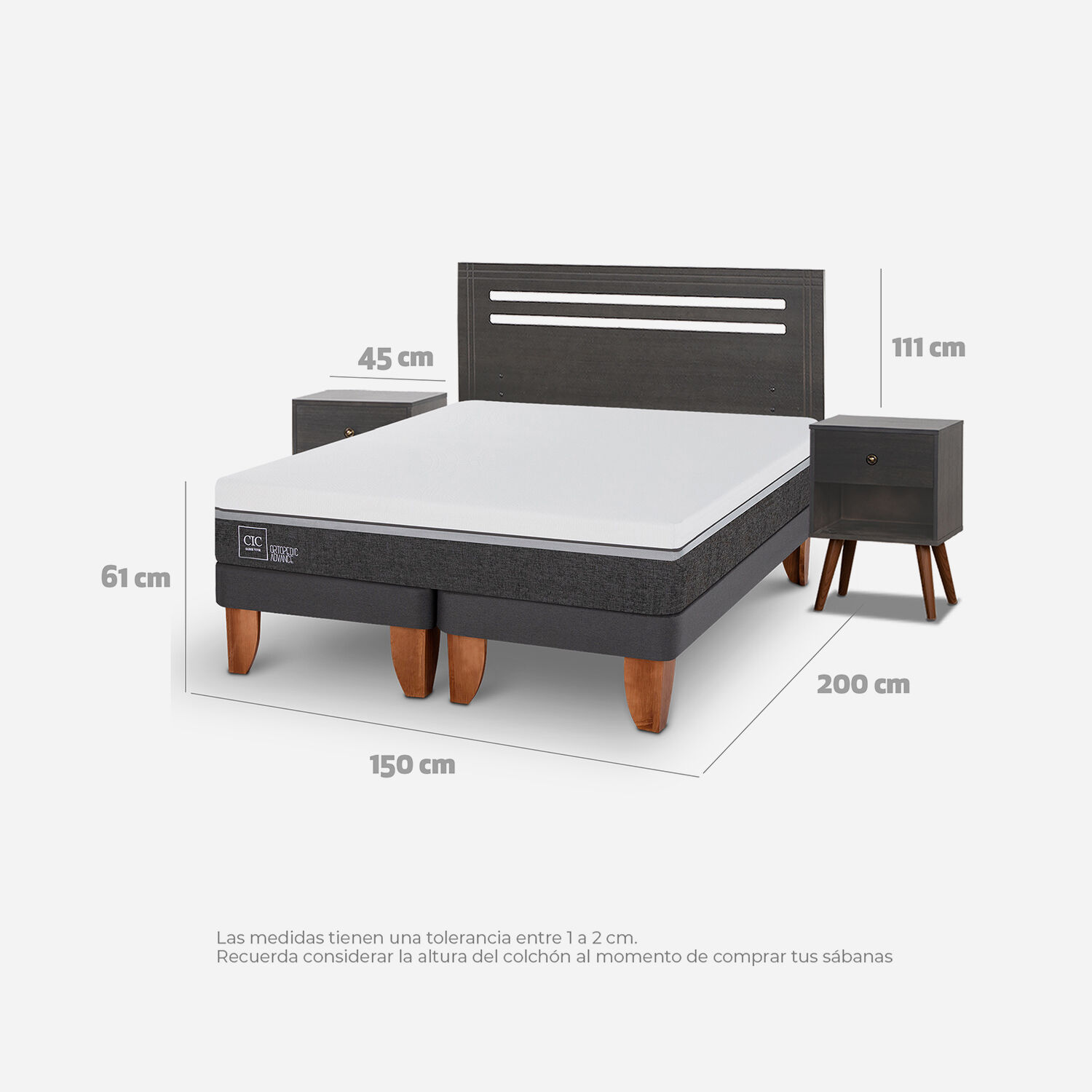 Cama Europea 2 Plazas Ortopedic Advance Base Dividida + Set Múnich Gris