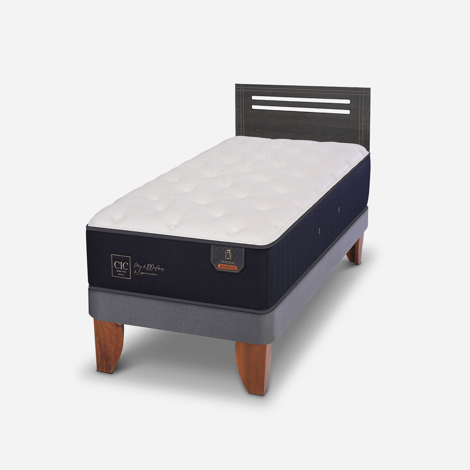 Cama Europea 1,5 Plazas Premium + Respaldo Múnich Gris