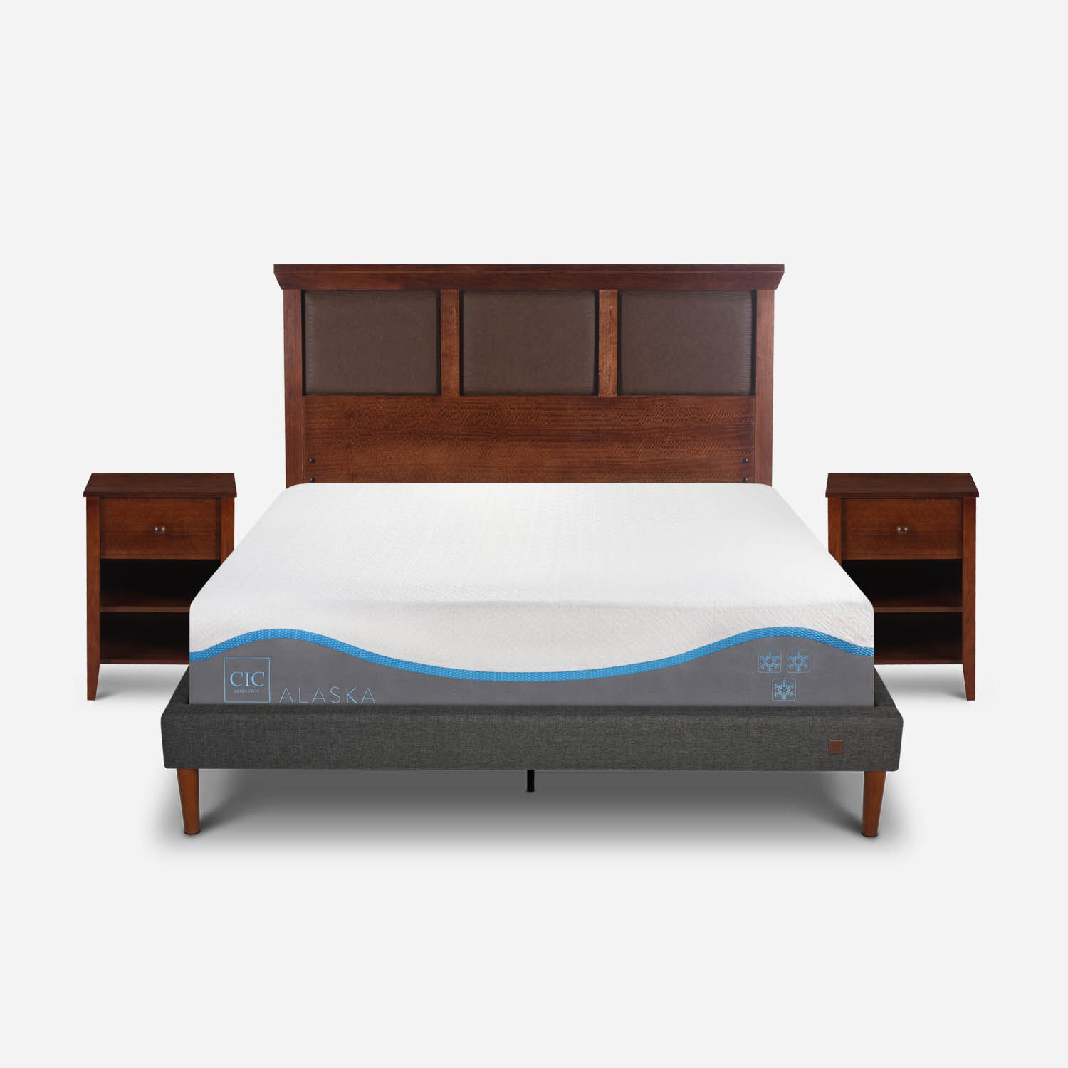 Cama Europea Curve 2 Plazas Alaska + Set Torino Caramel