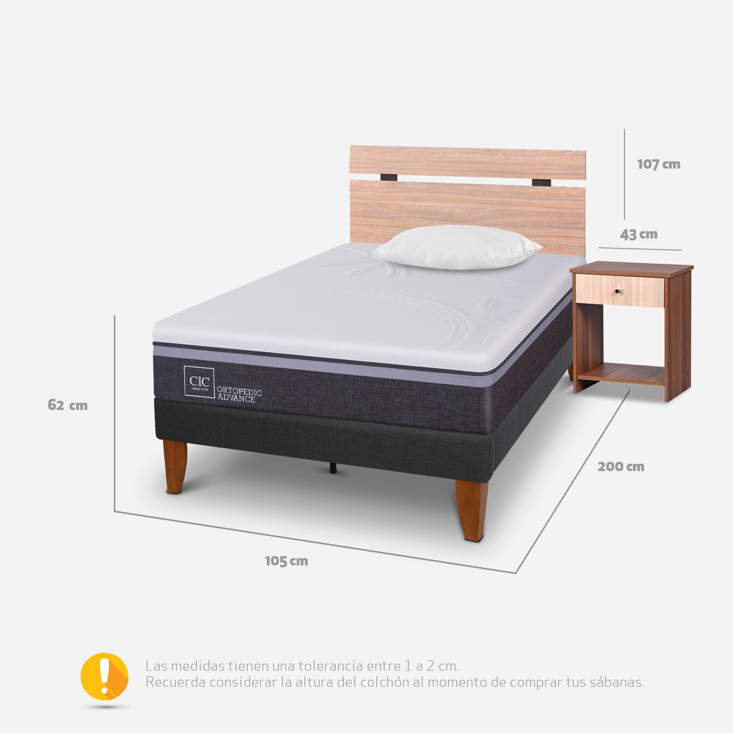 Cama Europea Curve 1,5 Plazas Ortopedic Advance + Set Set Olmo 