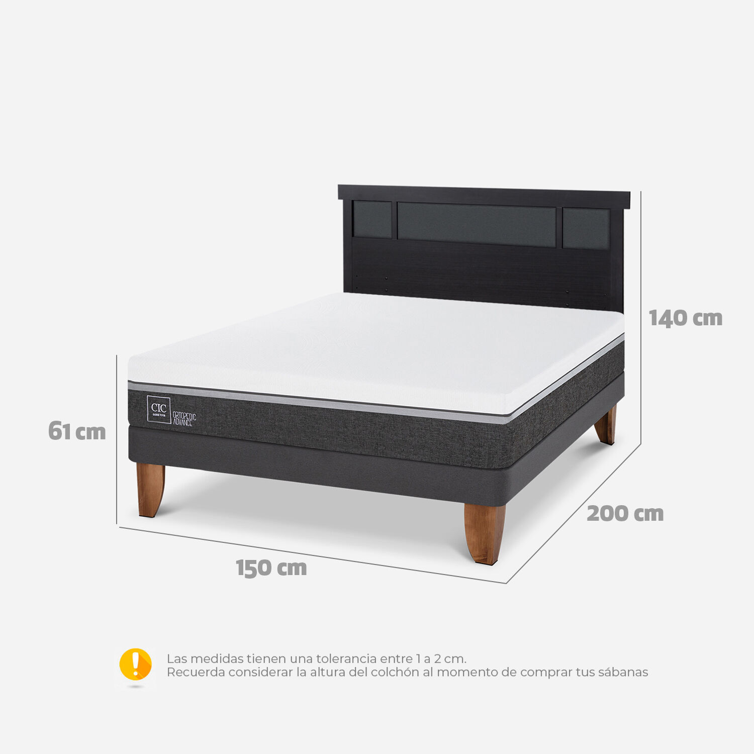Cama Europea 2 Plazas Ortopedic Advance Base Normal + Respaldo Dublín Negro