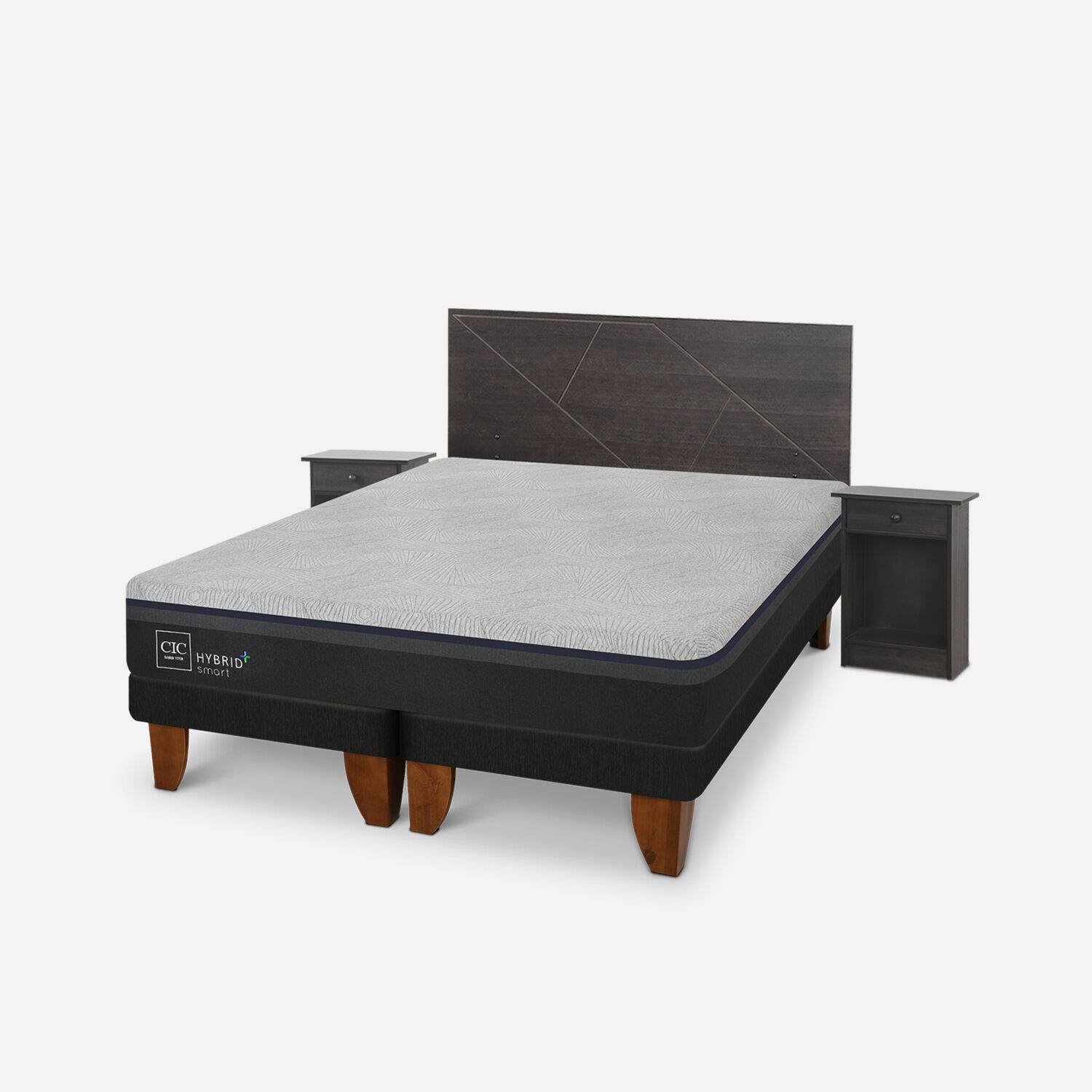 Cama Europea 2 Plazas Hybrid Plus Smart Base Dividida + Set Villarrica Gris