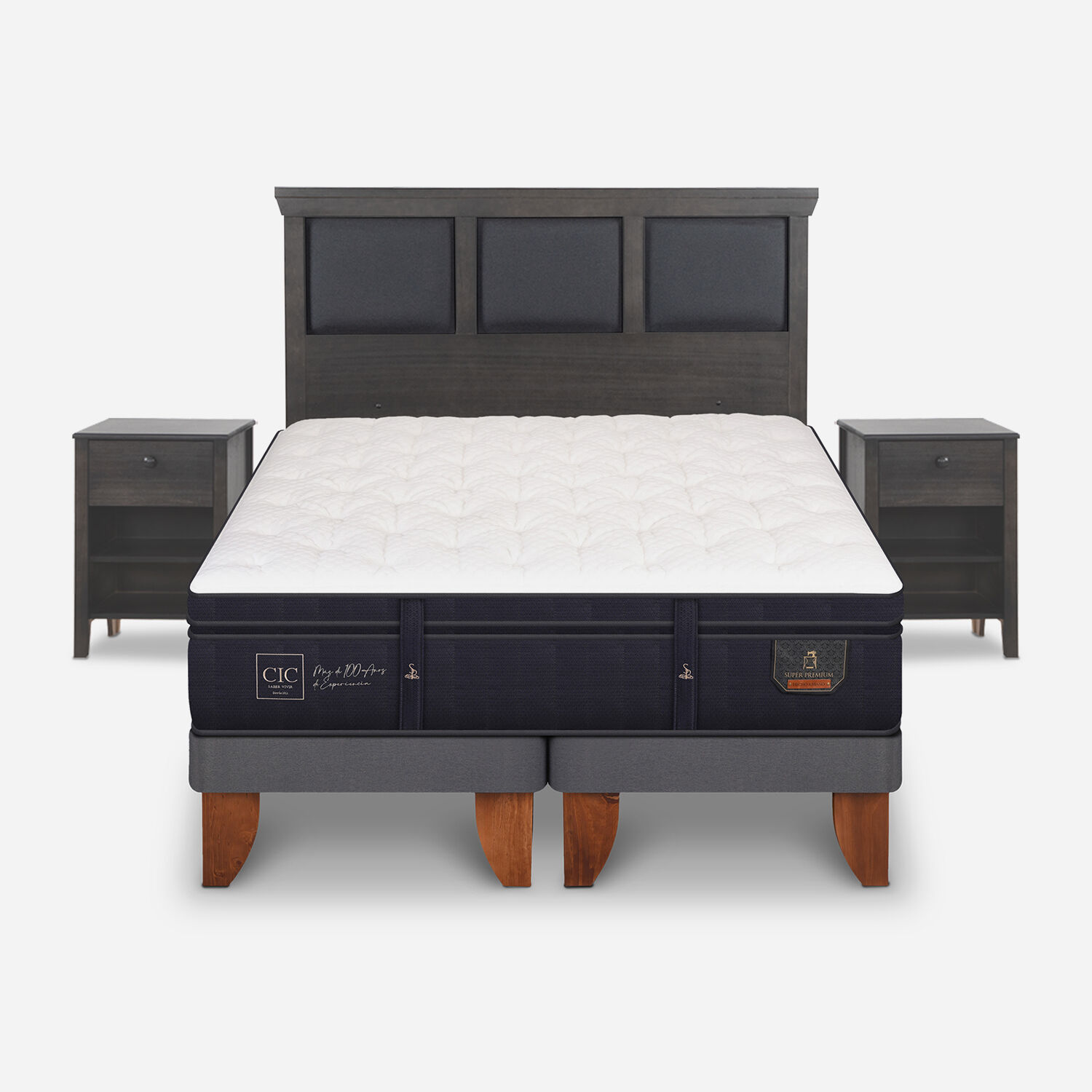 Cama Europea 2 Plazas Super Premium Base Dividida + Set Torino Gris