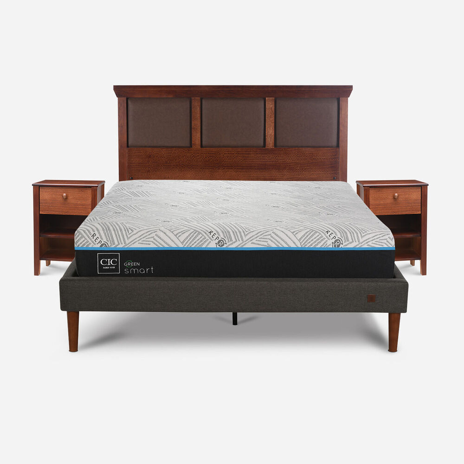 Cama Europea Curve 2 Plazas Smart Green + Set Torino Caramel