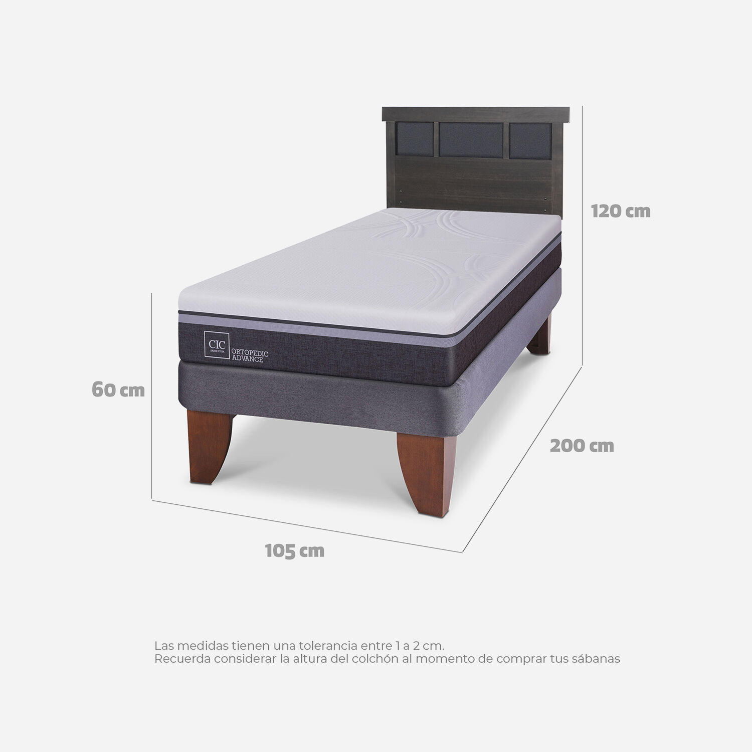 Cama Europea 1,5 Plazas Ortopedic Advance + Respaldo Dublín Gris