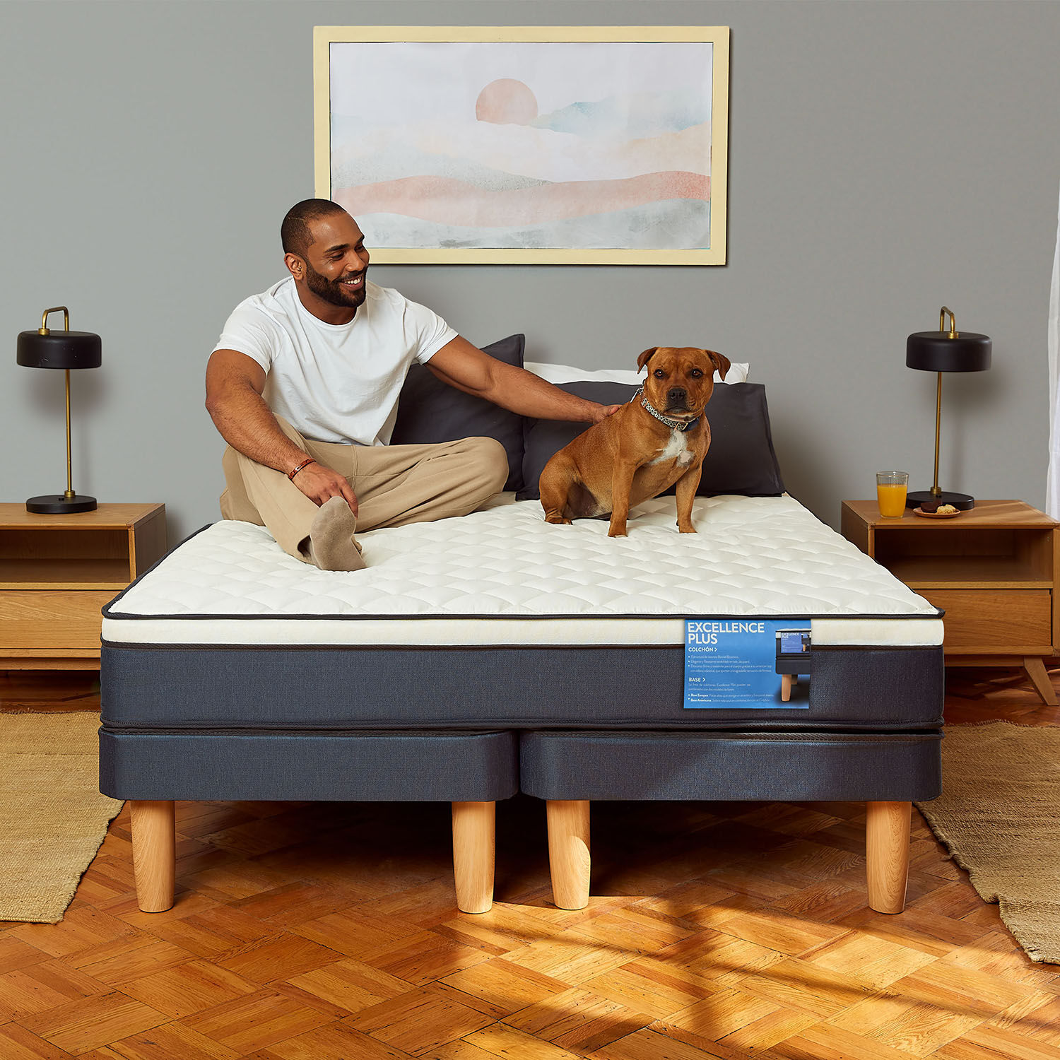 Cama Europea 2 Plazas Excellence Base Normal + Set Villarrica Gris