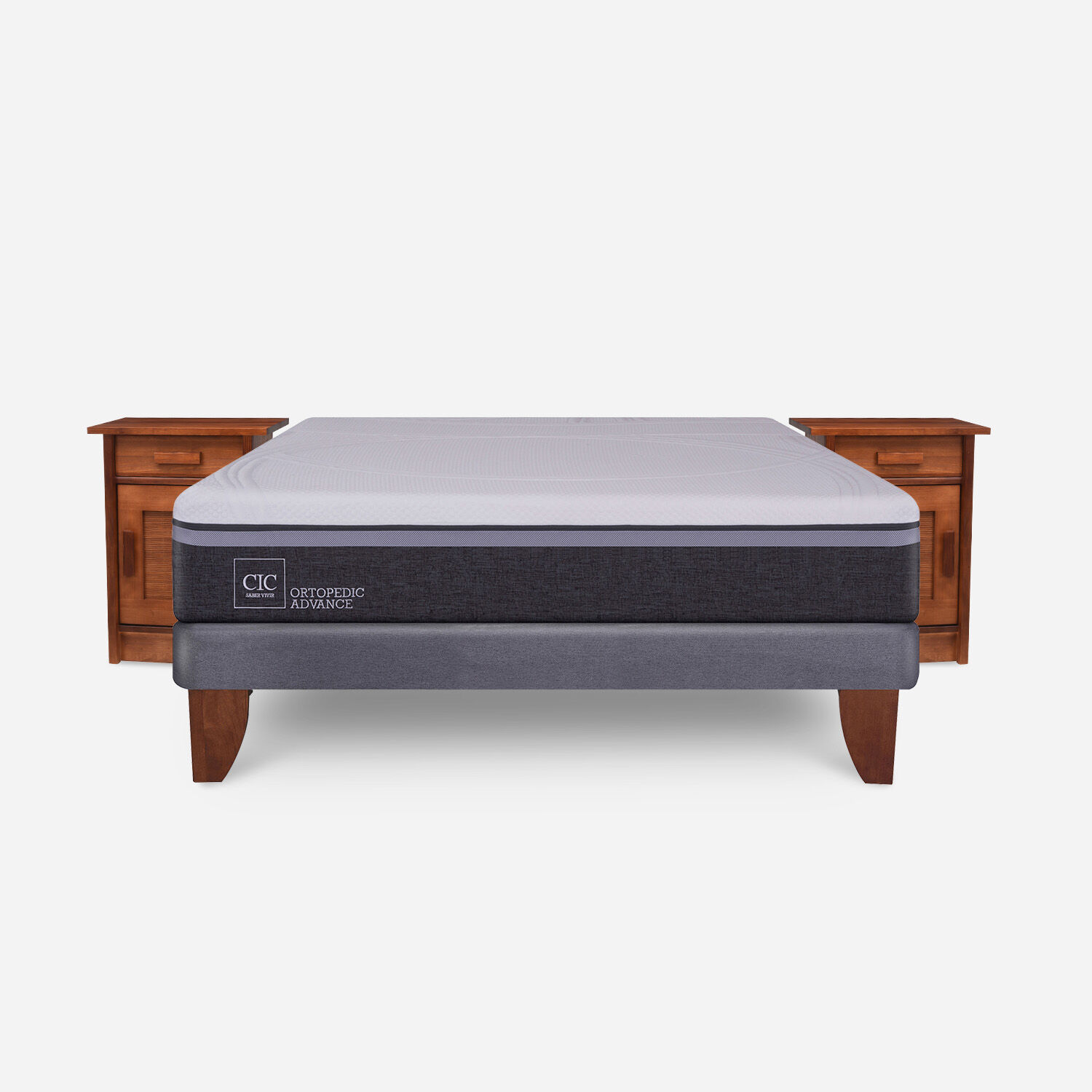 Cama Europea 2 Plazas Ortopedic Advance Base Normal + Veladores Mil&aacute;n Caramel