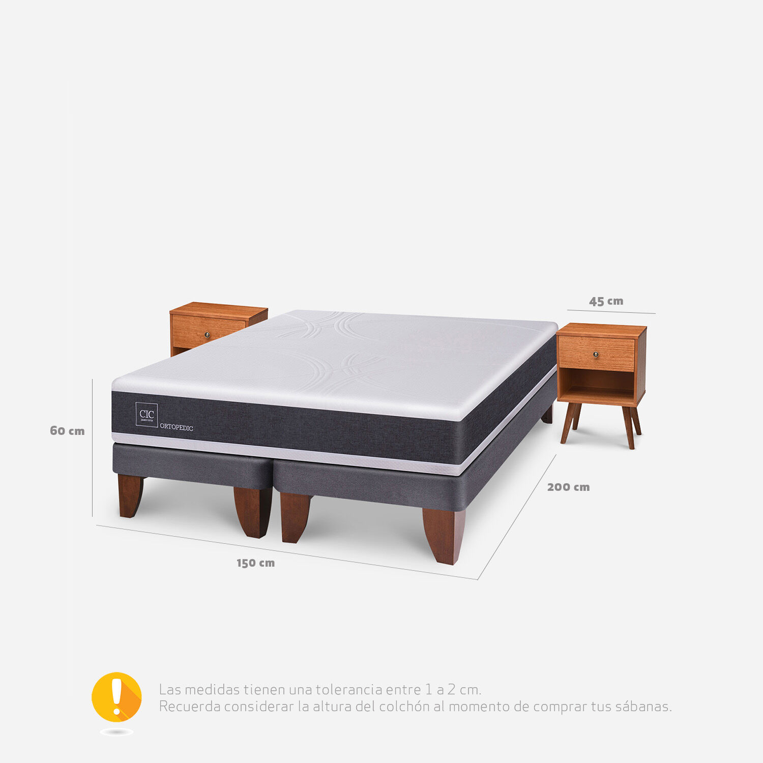 Cama Europea 2 Plazas Ortopedic Base Dividida + Veladores Gales Caramel