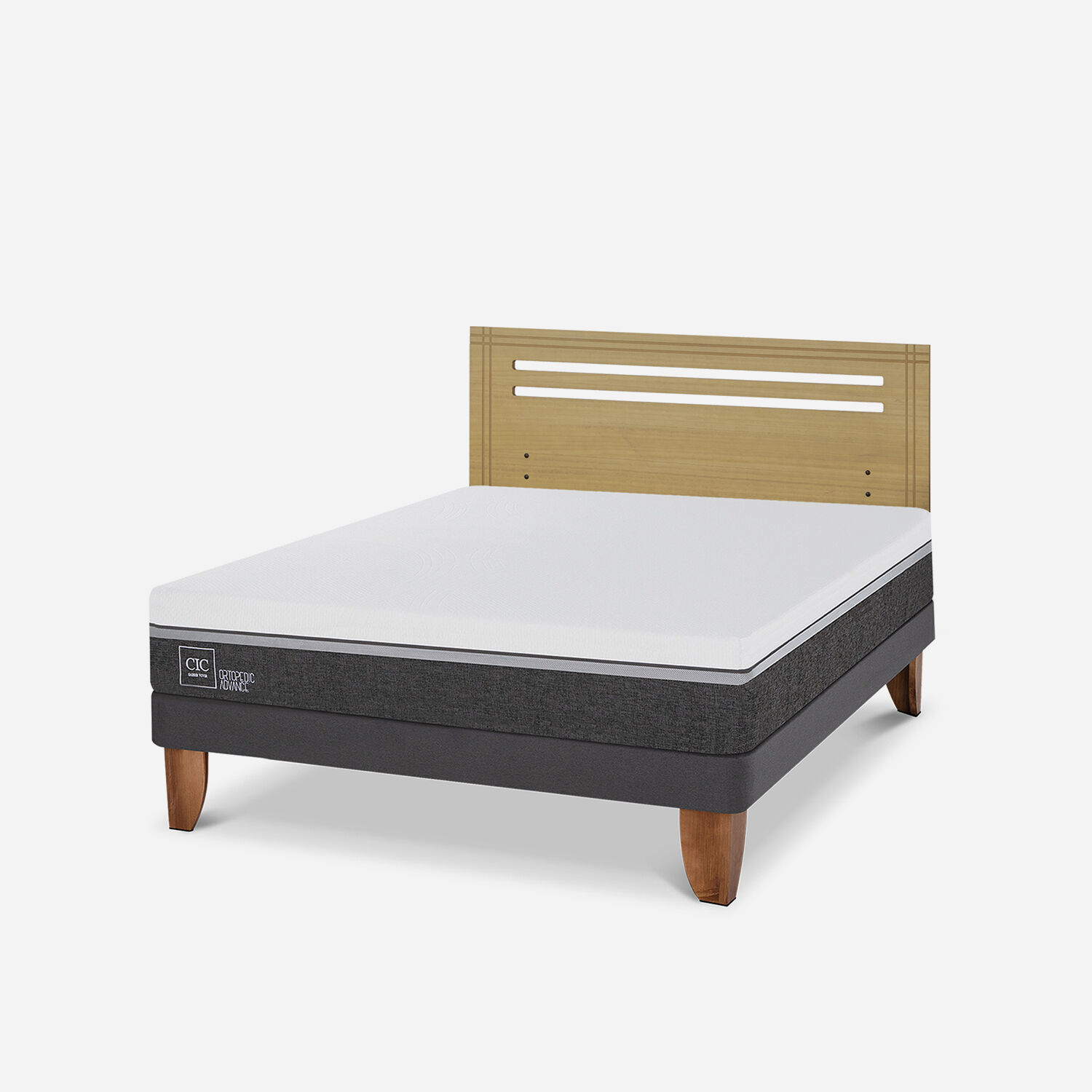 Cama Europea 2 Plazas Ortopedic Advance Base Normal + Respaldo Múnich Mostaza