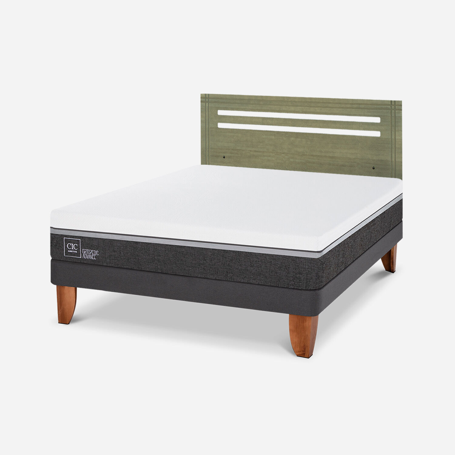 Cama Europea 2 Plazas Ortopedic Advance Base Normal + Respaldo M&uacute;nich Olivo