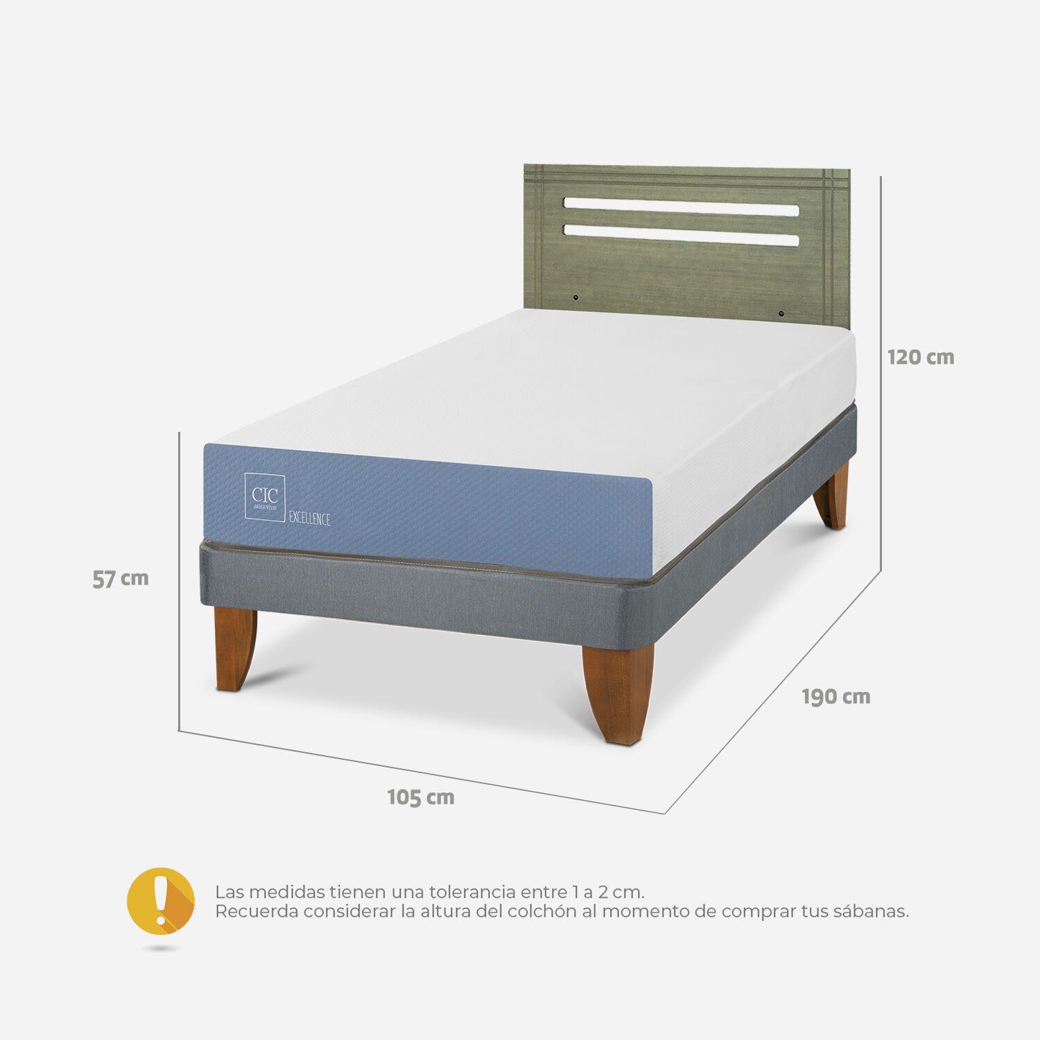 Cama Europea 1,5 Plazas Excellence + Respaldo M&uacute;nich Olivo