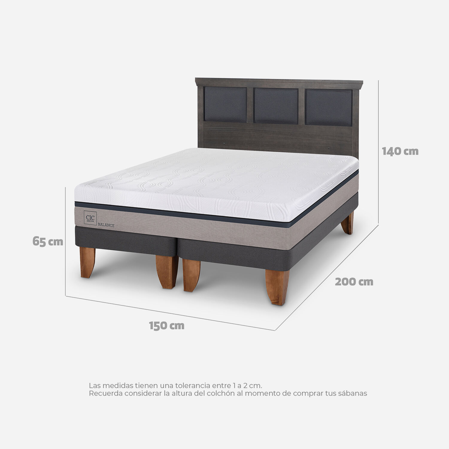 Cama Europea 2 Plazas Balance Base Dividida + Respaldo Torino Gris