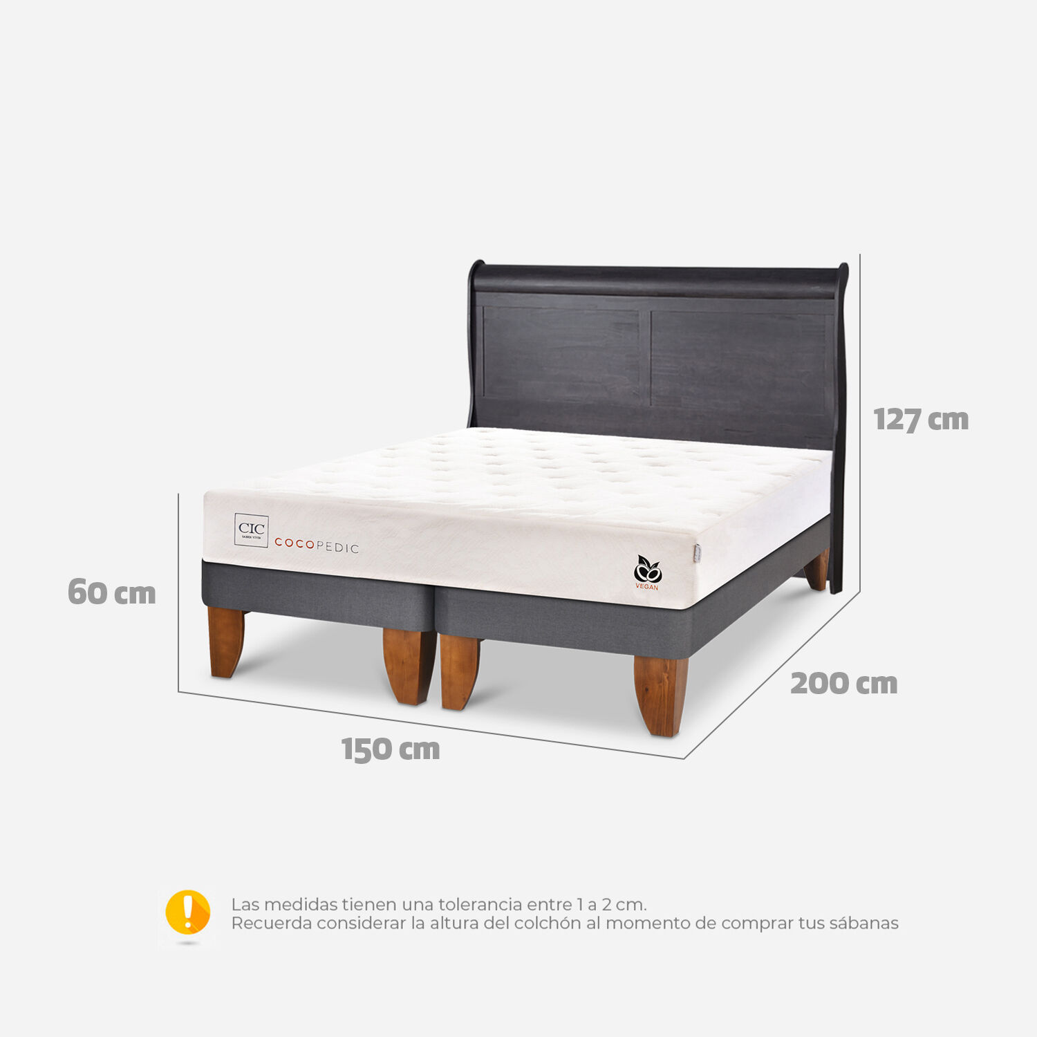 Cama Europea 2 Plazas Cocopedic Base Dividida + Respaldo Miró Negro