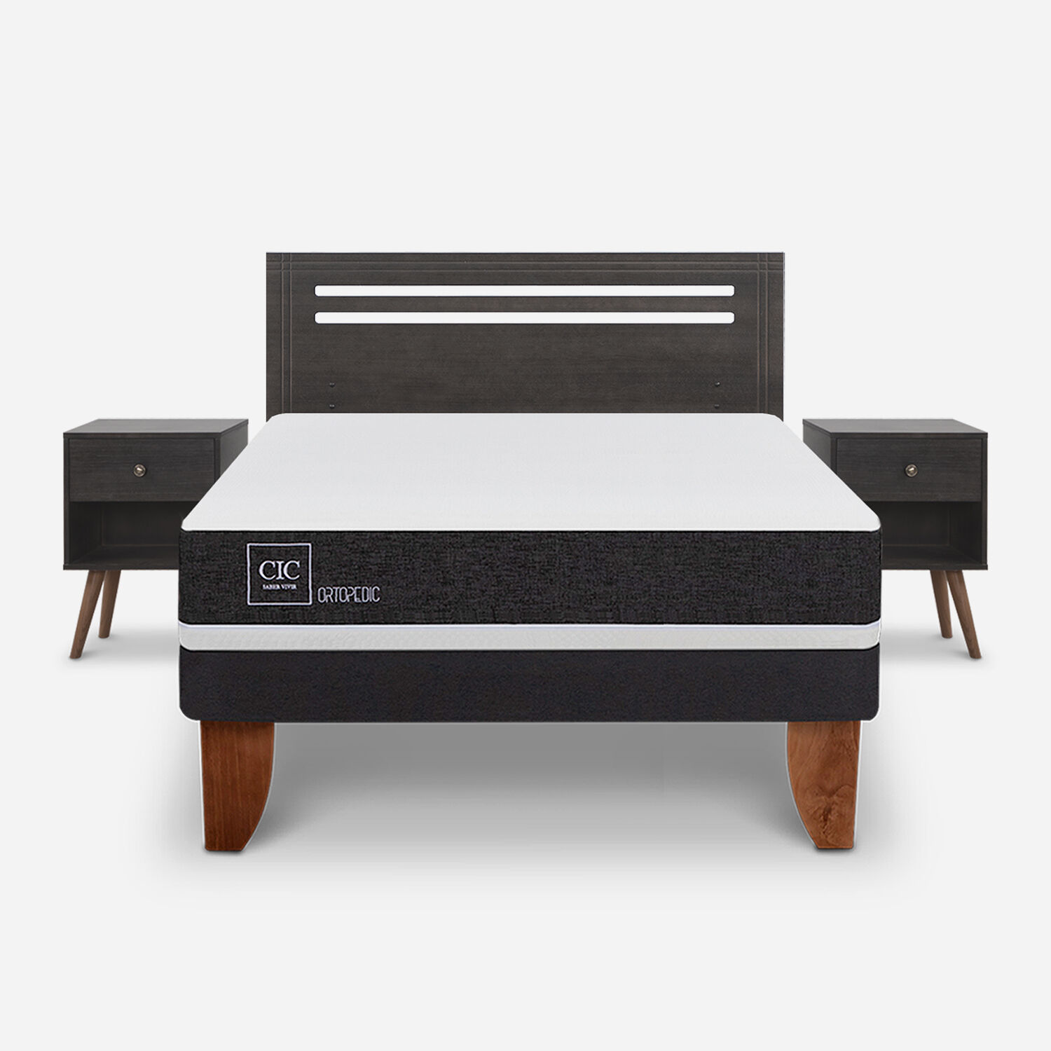 Cama Europea 2 Plazas Ortopedic Base Normal + Set Múnich Gris