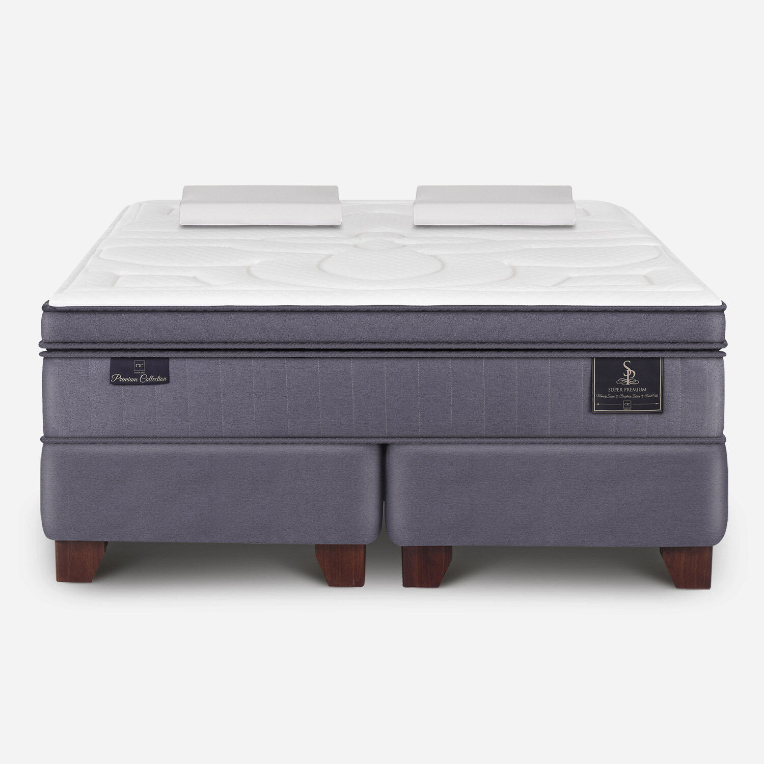 Box Spring 2 Plazas Super Premium Base Dividida + Almohadas Viscoel&aacute;sticas