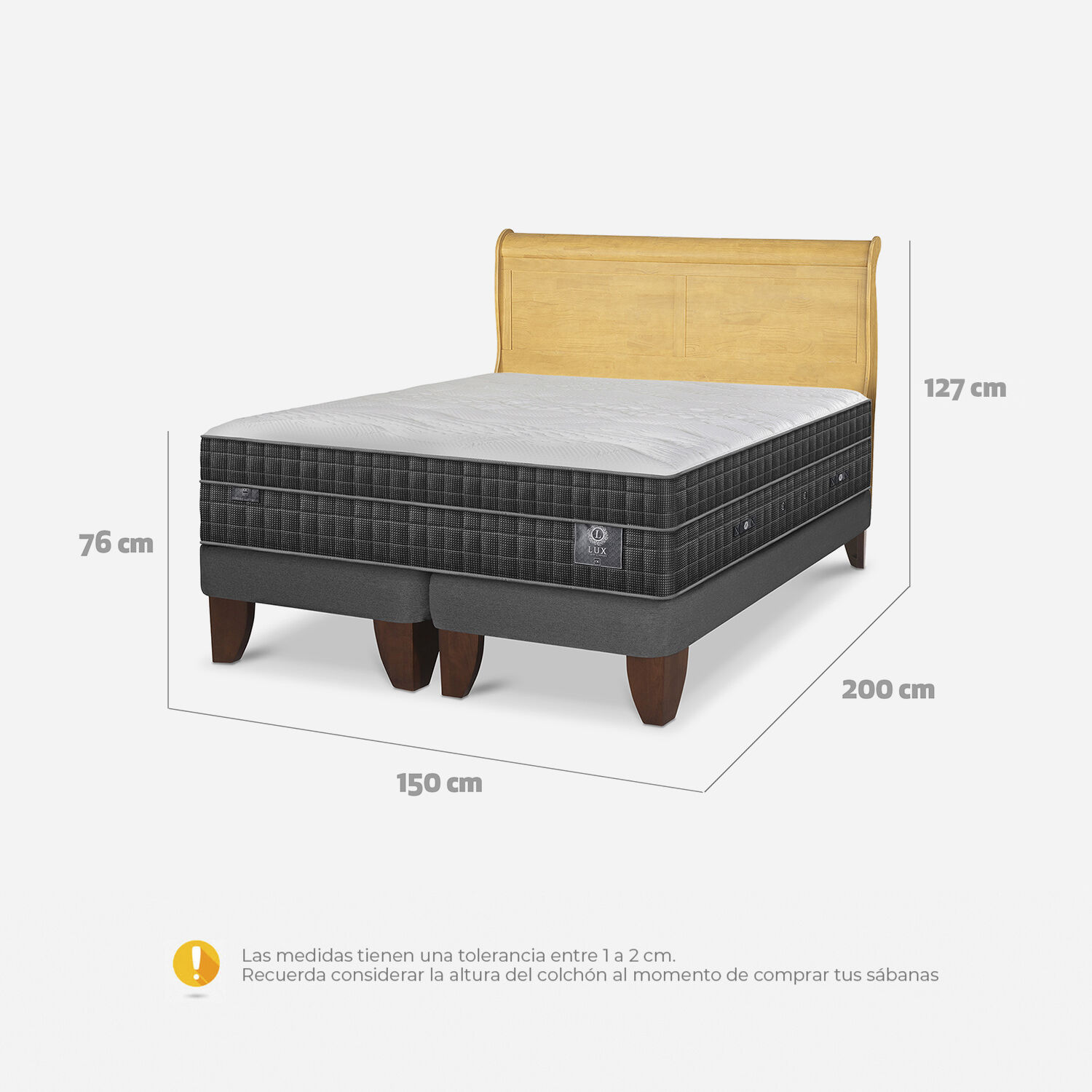 Cama Europea 2 Plazas Lux Base Dividida + Respaldo Miró Mostaza
