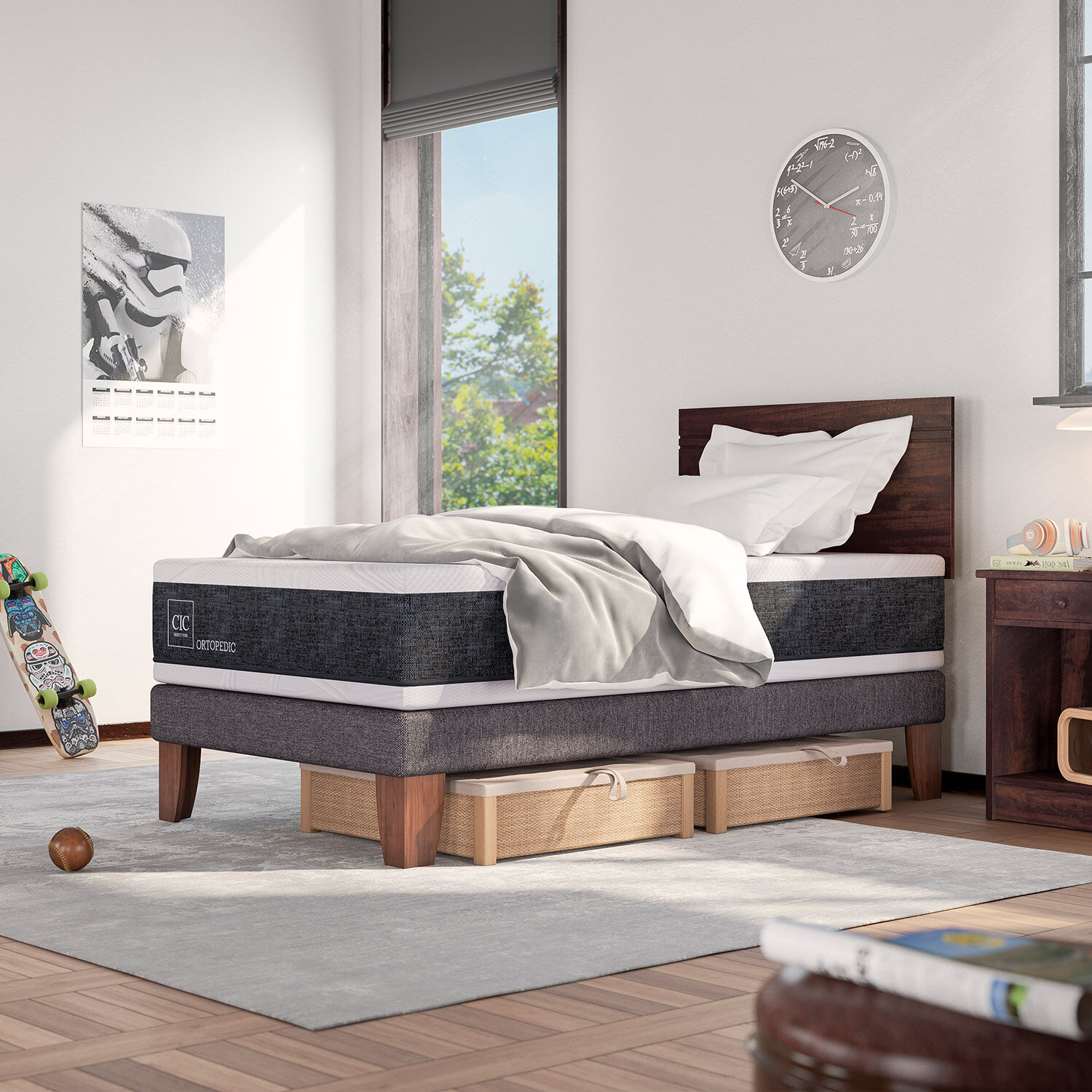 Cama Europea 1,5 Plazas Ortopedic + Respaldo Dublín Olivo