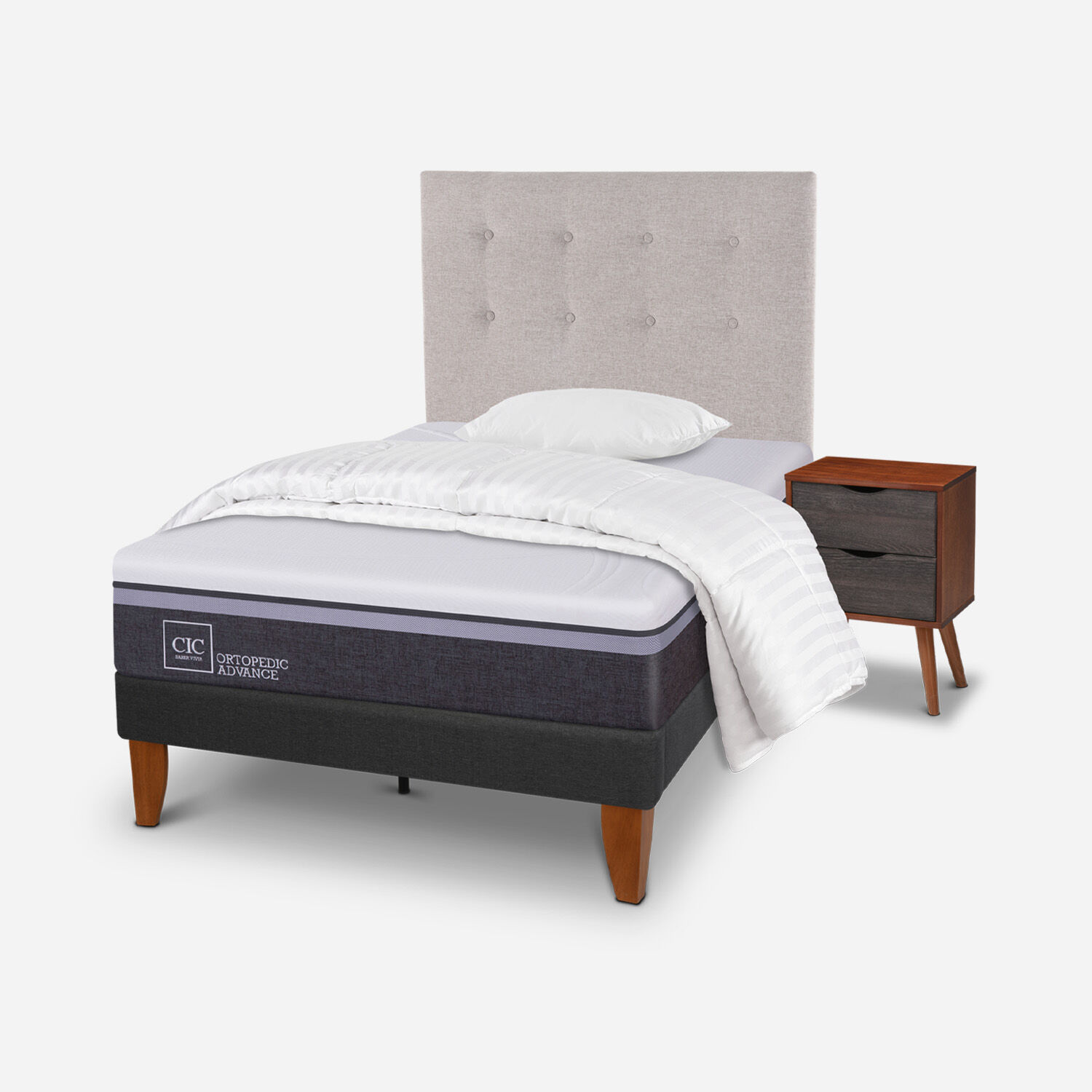Cama Europea Curve 1,5 Plazas Ortopedic Advance + Set Tigris + Almohada + Plum&oacute;n