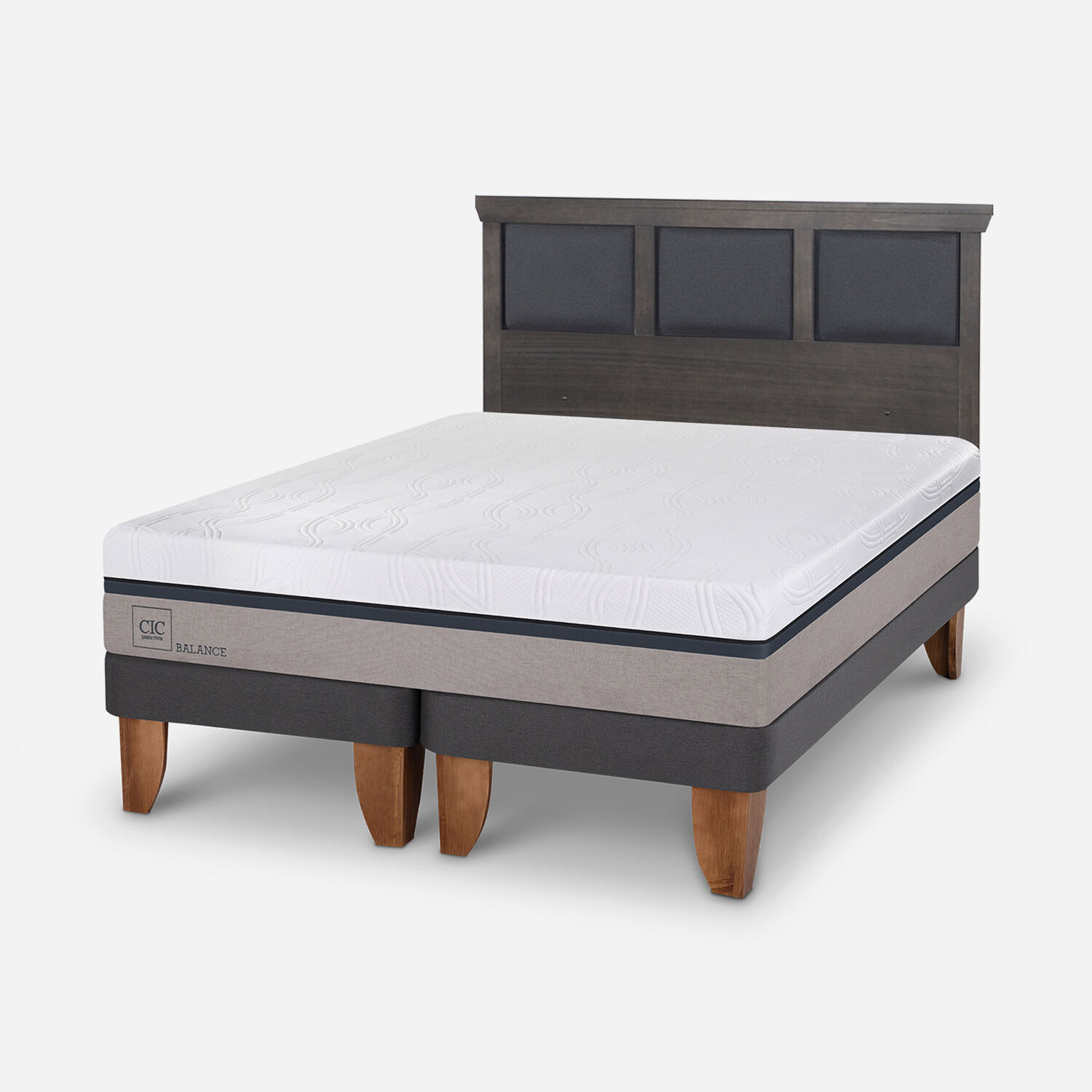 Cama Europea 2 Plazas Balance Base Dividida + Respaldo Torino Gris