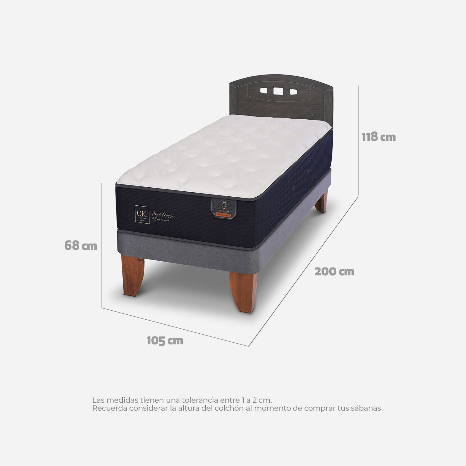 Cama Europea 1,5 Plazas Premium + Respaldo Gales Gris