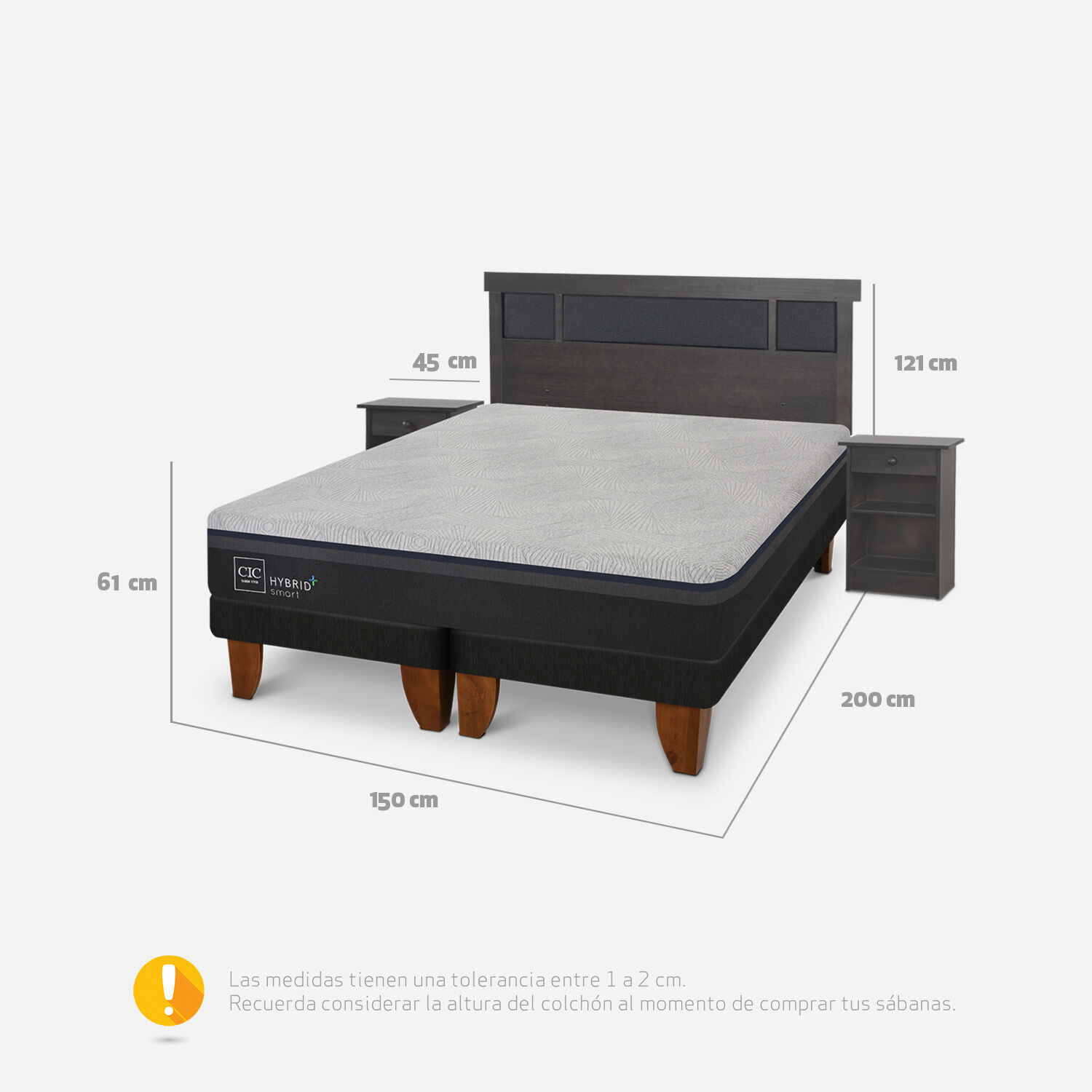 Cama Europea 2 Plazas Hybrid Plus Smart Base Dividida + Set Dublín Gris