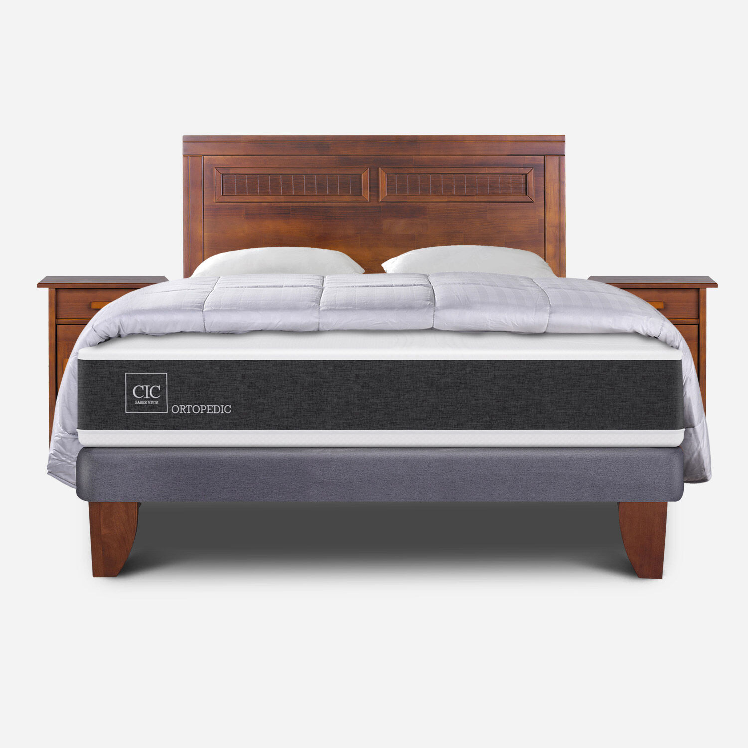 Cama Europea 2 Plazas Ortopedic Base Normal + Set Mil&aacute;n Caramel + Almohadas + Plum&oacute;n Plumas