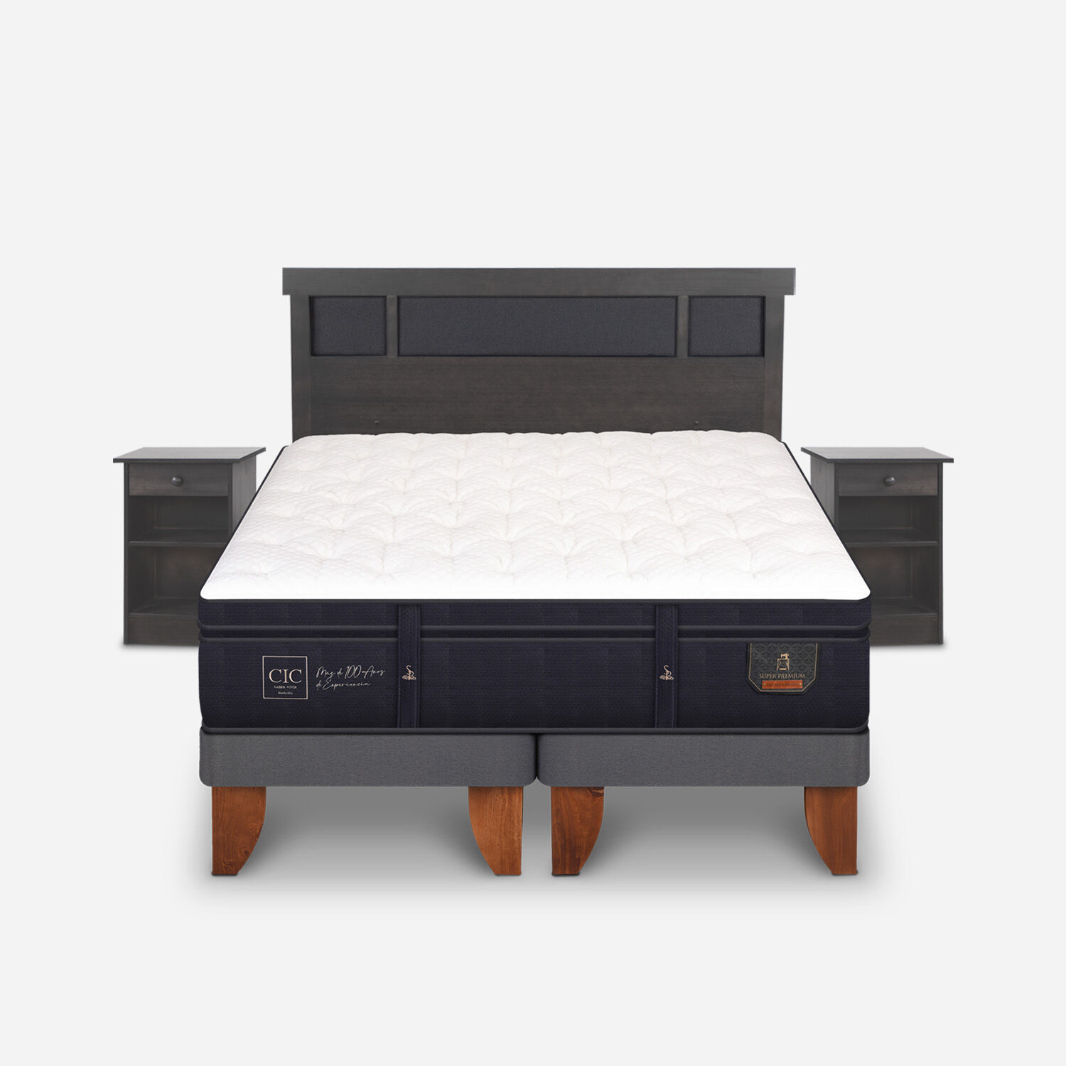 Cama Europea 2 Plazas Super Premium Base Dividida + Set Dublín Gris