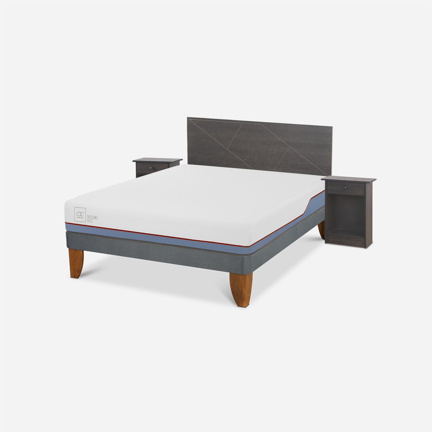 Cama Europea 2 Plazas Excellence Base Normal + Set Villarrica Gris