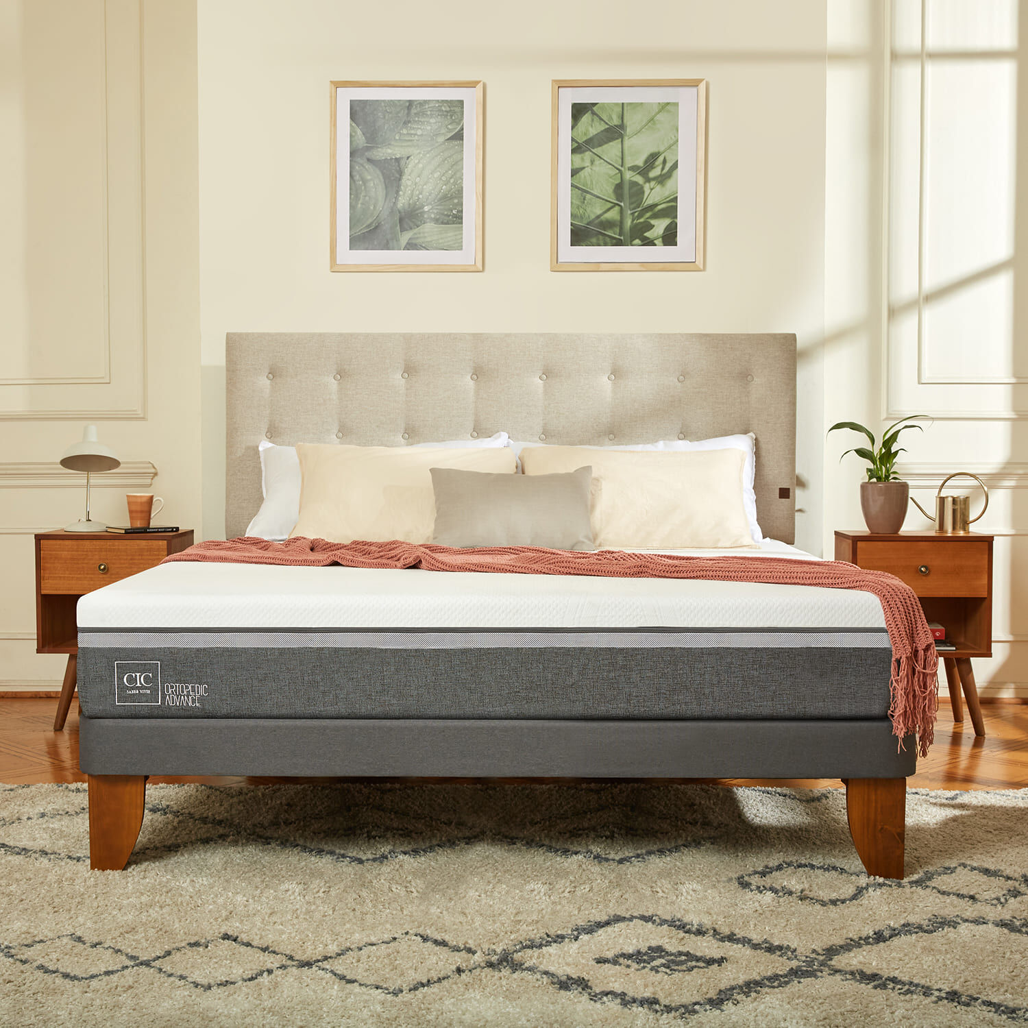 Cama Europea 2 Plazas Ortopedic Advance Base Normal + Respaldo Dublín Alpino