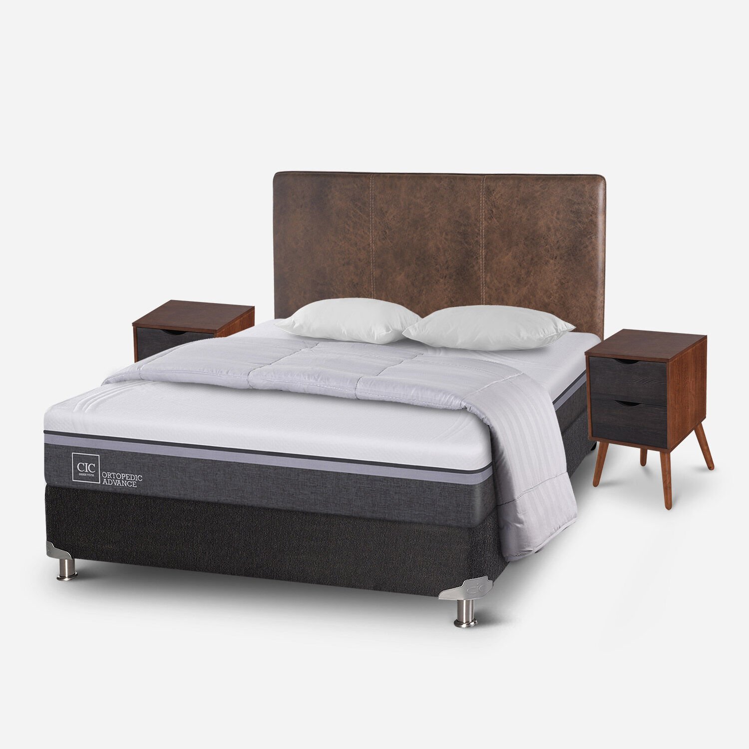 Box Spring 2 Plazas Ortopedic Advance Base Normal 5 Zonas + Almohadas + Plum&oacute;n + Set Baker