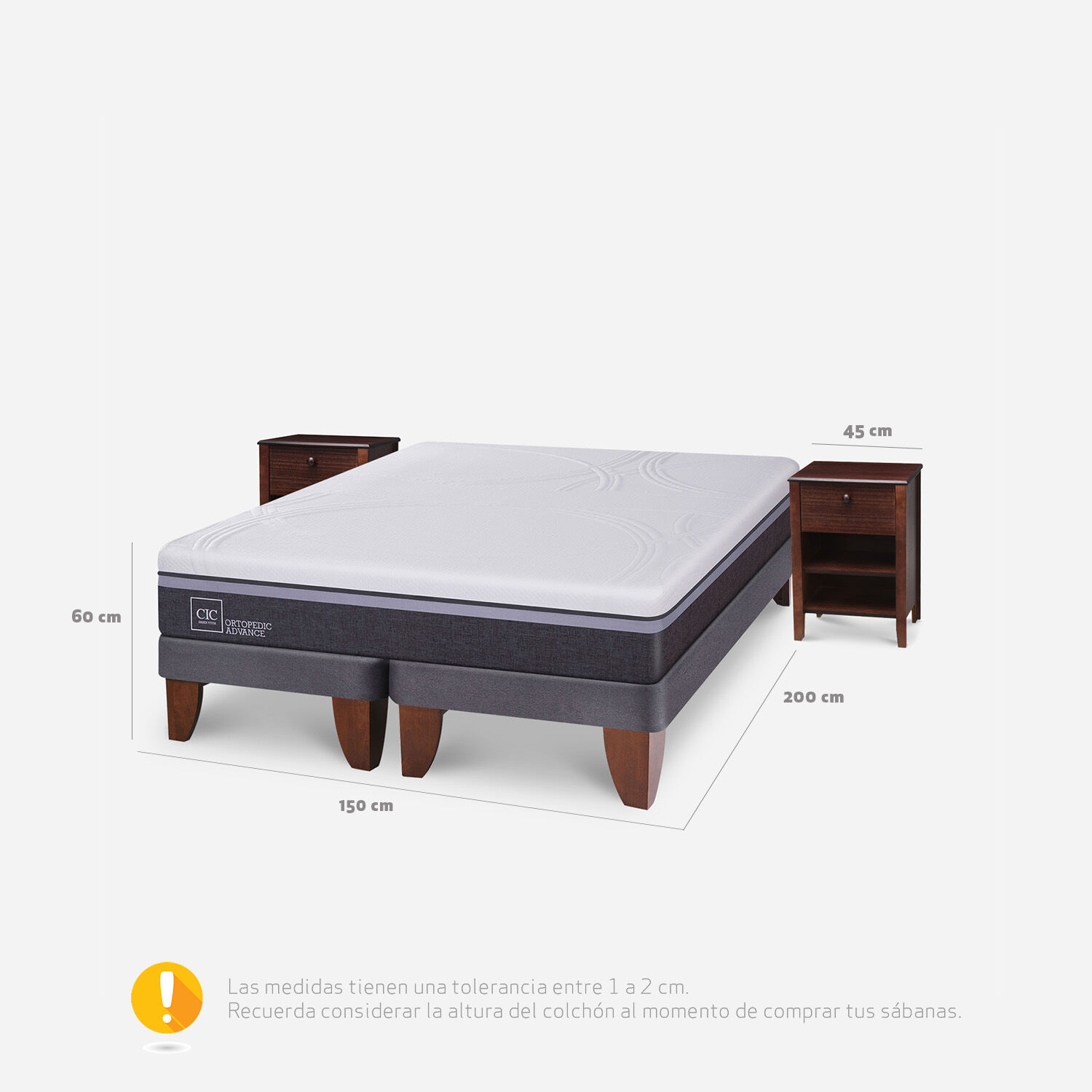Cama Europea 2 Plazas Base Dividida Ortopedic Advance + Veladores Torino Choc