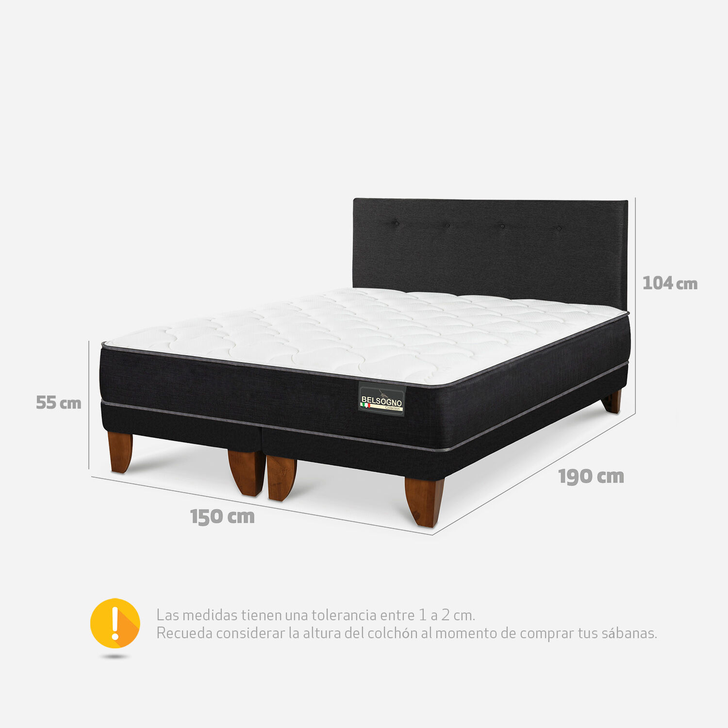 Cama Europea Belsogno 2 Plazas Plus Black con Base Dividida y Respaldo Black