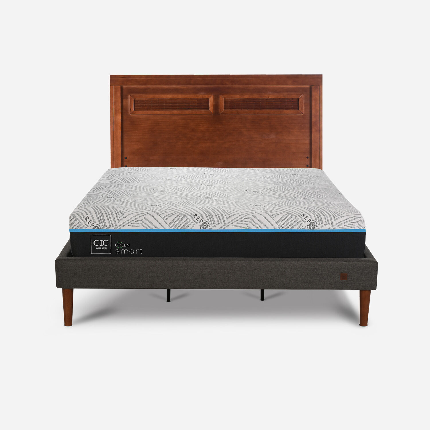 Cama Europea Curve King Infinity Green + Respaldo Mil&aacute;n Caramel