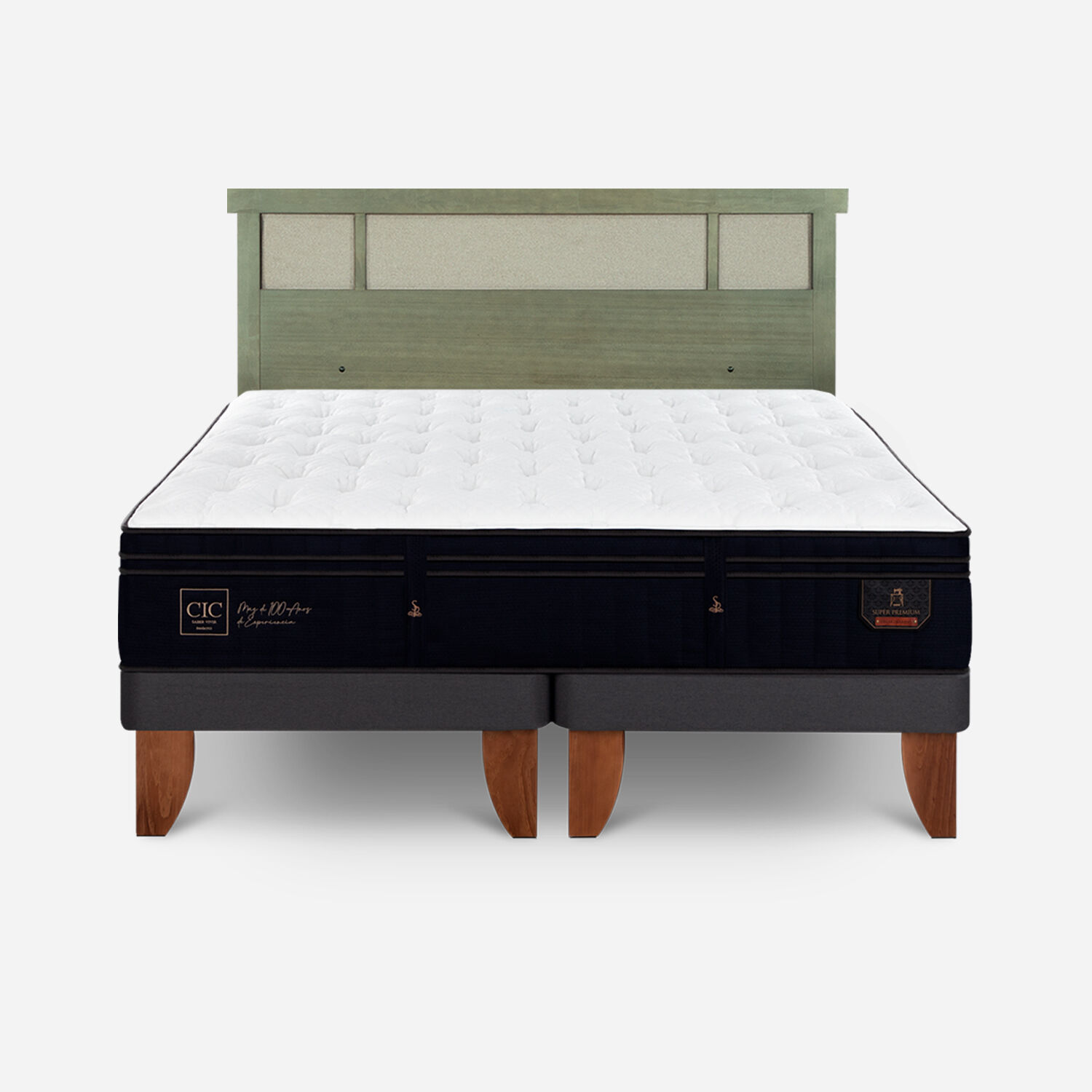 Cama Europea King Super Premium + Respaldo Dubl&iacute;n Olivo