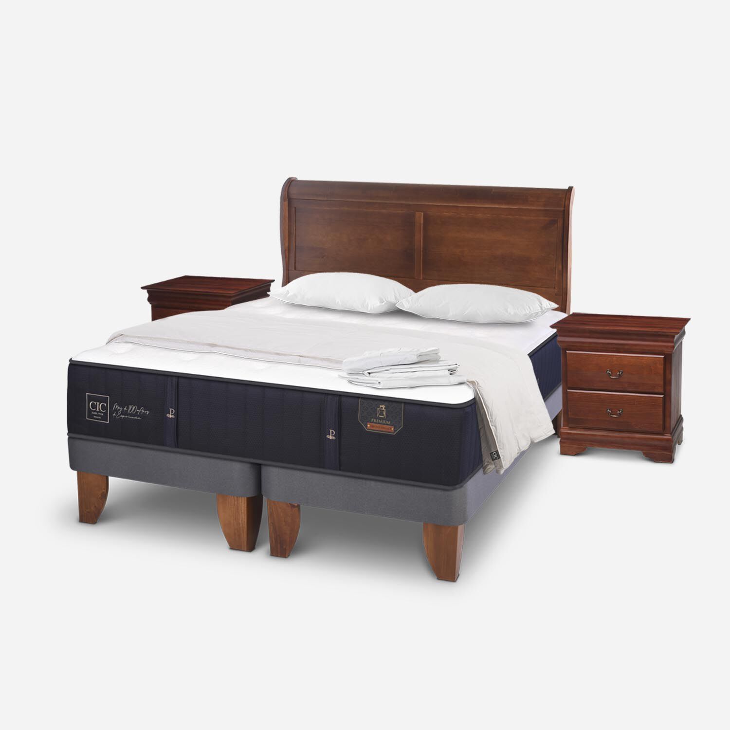 Cama Europea King Premium + Almohadas + Plumón + Set Miró Caramel