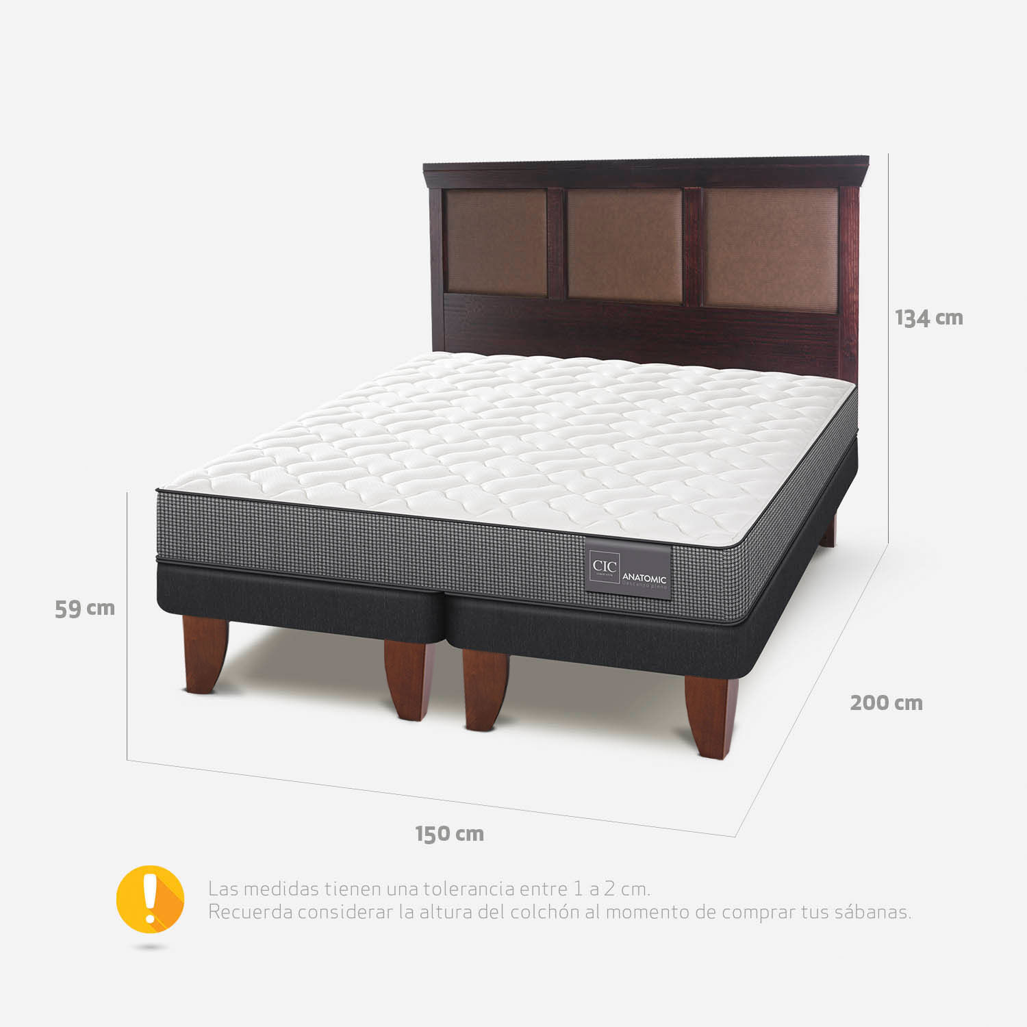 Cama Europea 2 Plazas Base Dividida Anatomic + Respaldo Torino Choc