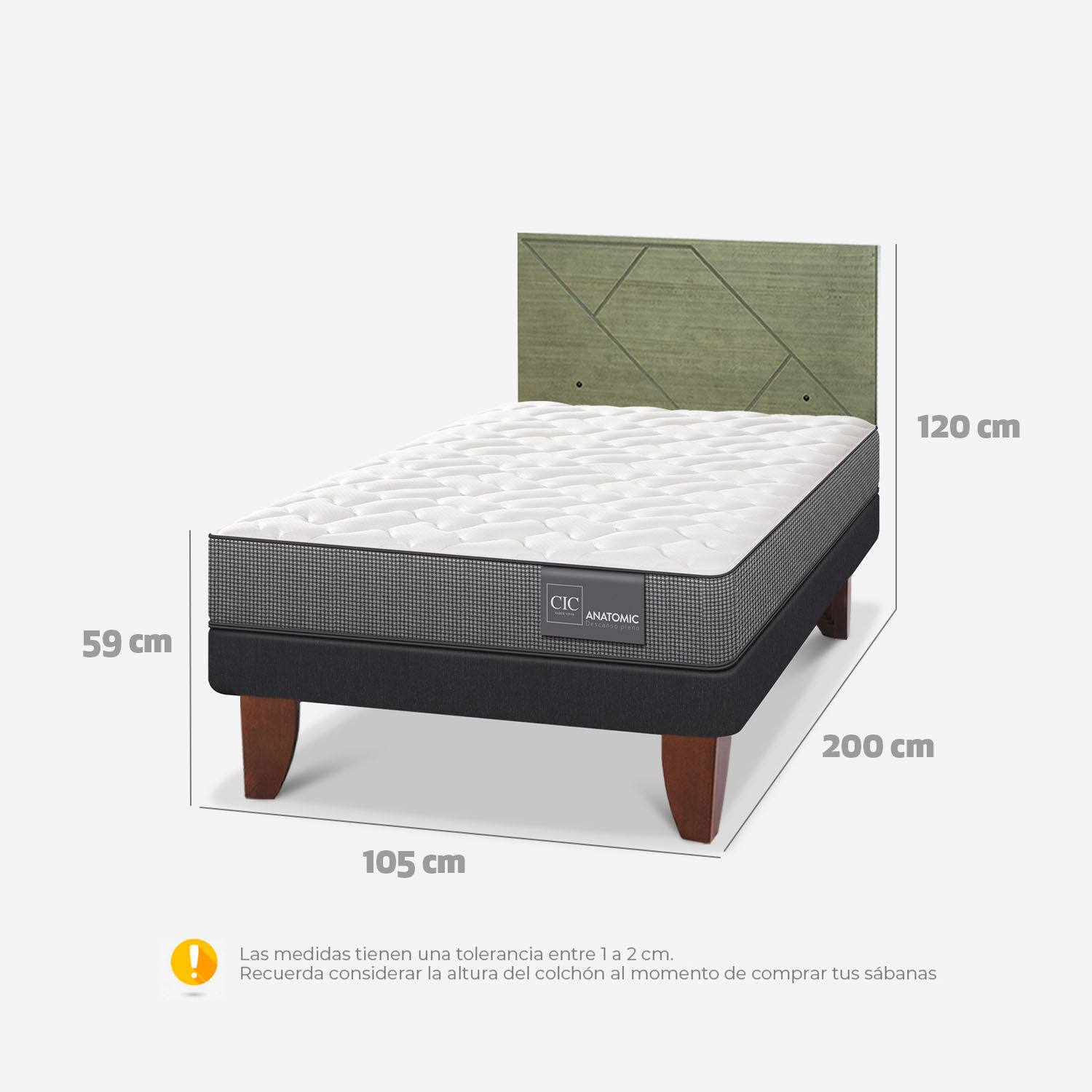 Cama Europea 1,5 Plazas Anatomic + Respaldo Villarrica Olivo