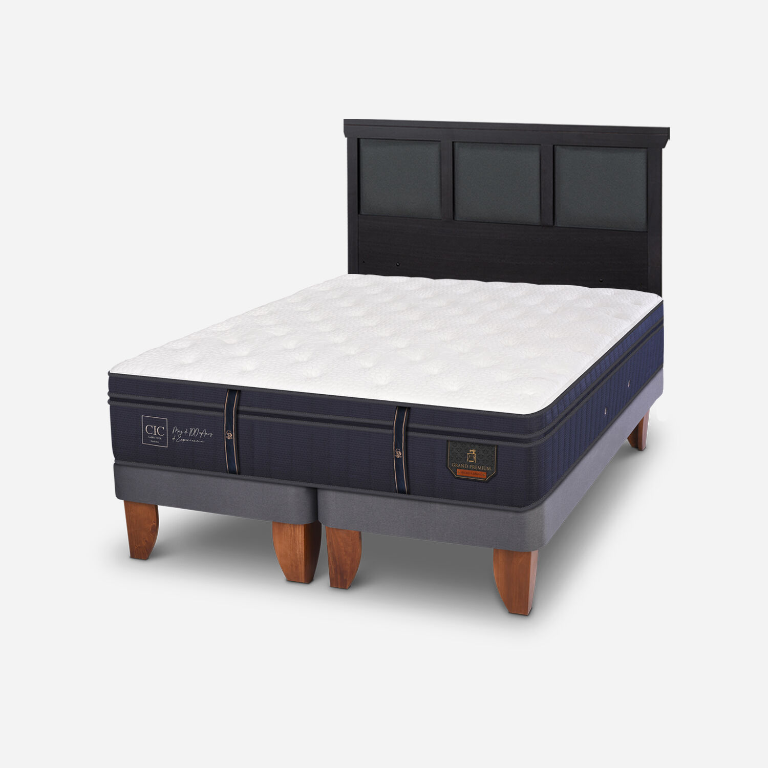 Cama Europea 2 Plazas Grand Premium Base Dividida + Respaldo Torino Negro