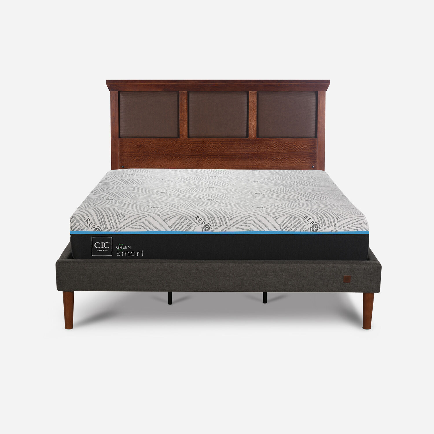 Cama Europea Curve King Infinity Green + Respaldo Torino Caramel