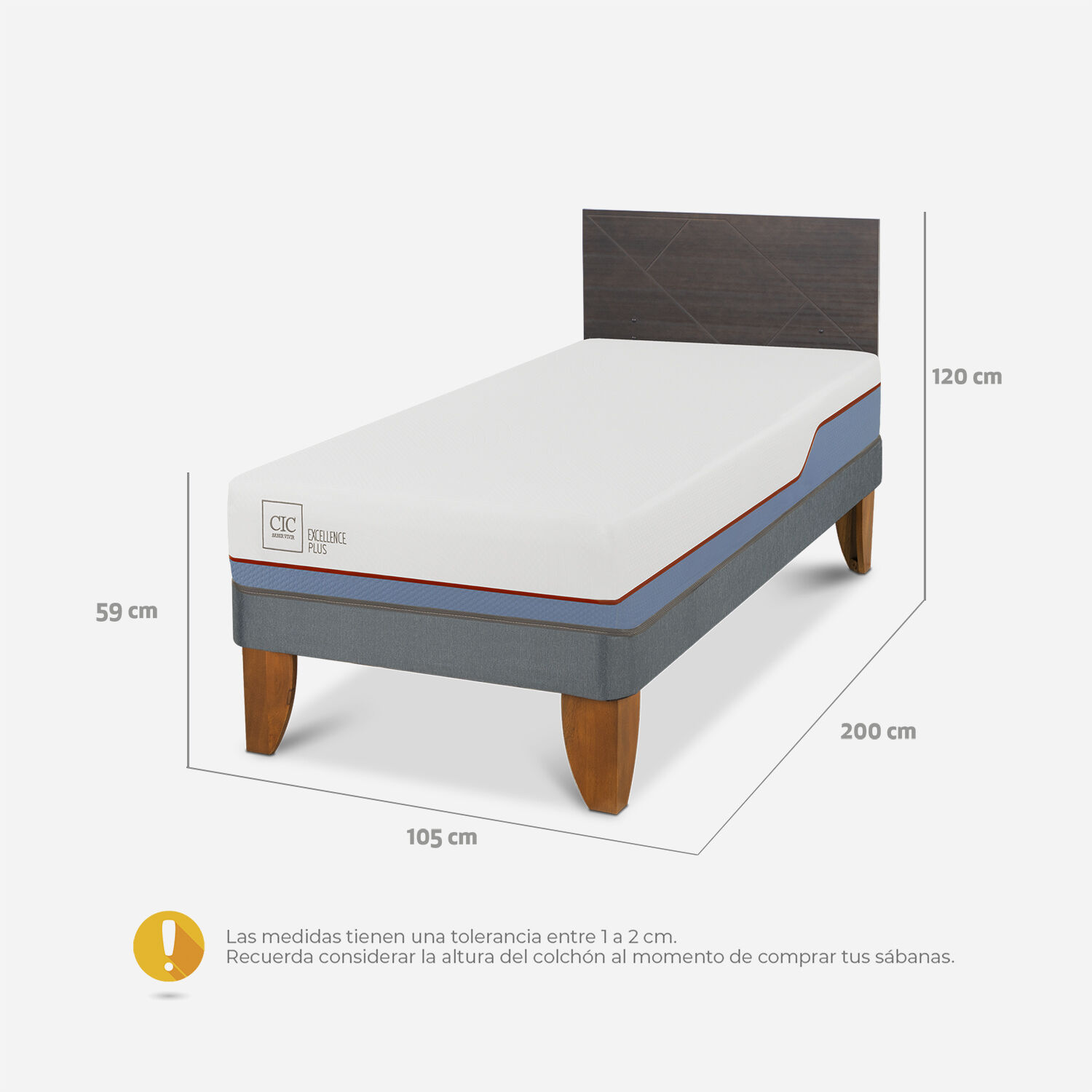 Cama Europea 1,5 Plazas Excellence Plus + Respaldo Villarrica Gris