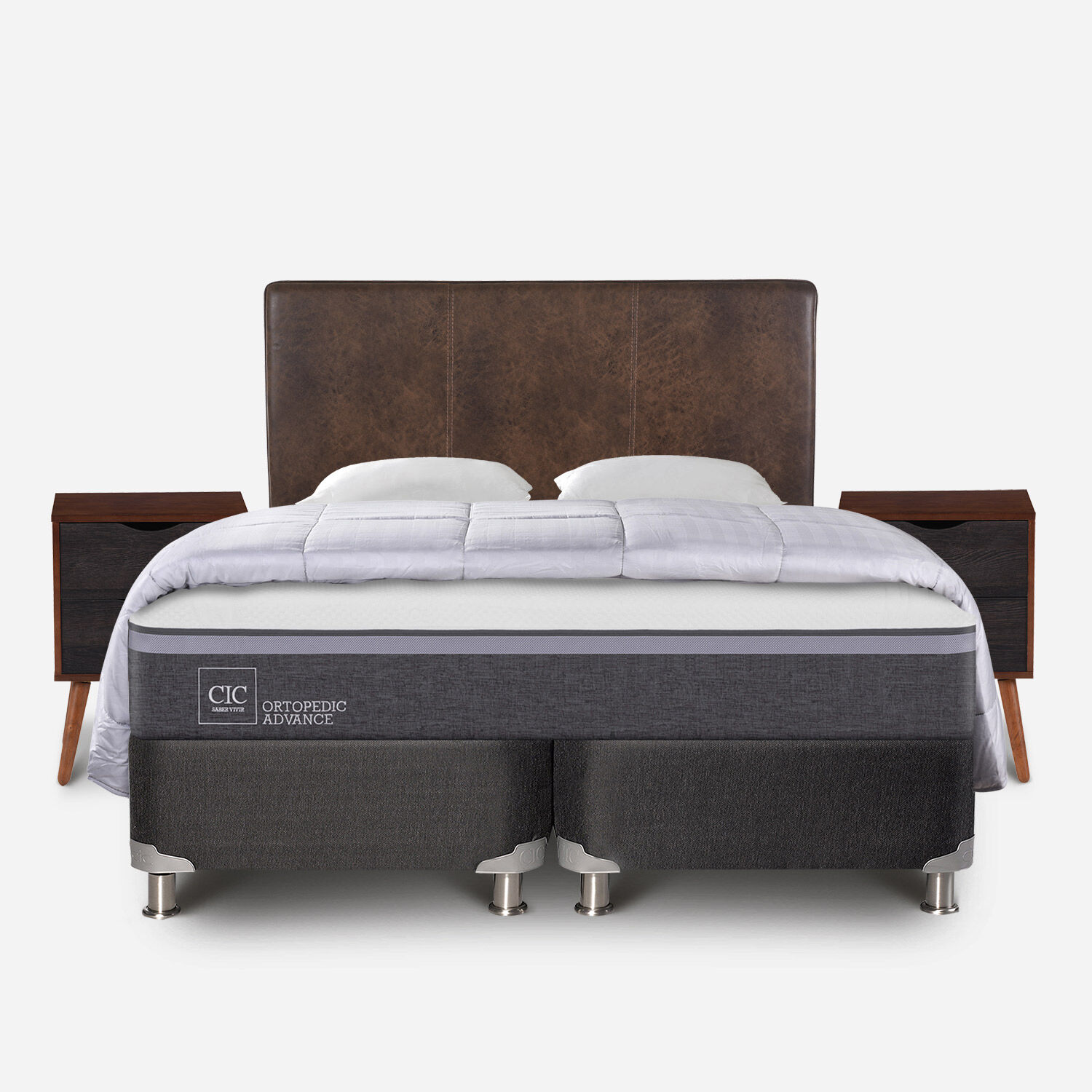 Box Spring 2 Plazas Ortopedic Advance Base Dividida 5 Zonas + Almohadas + Plumón + Set Baker