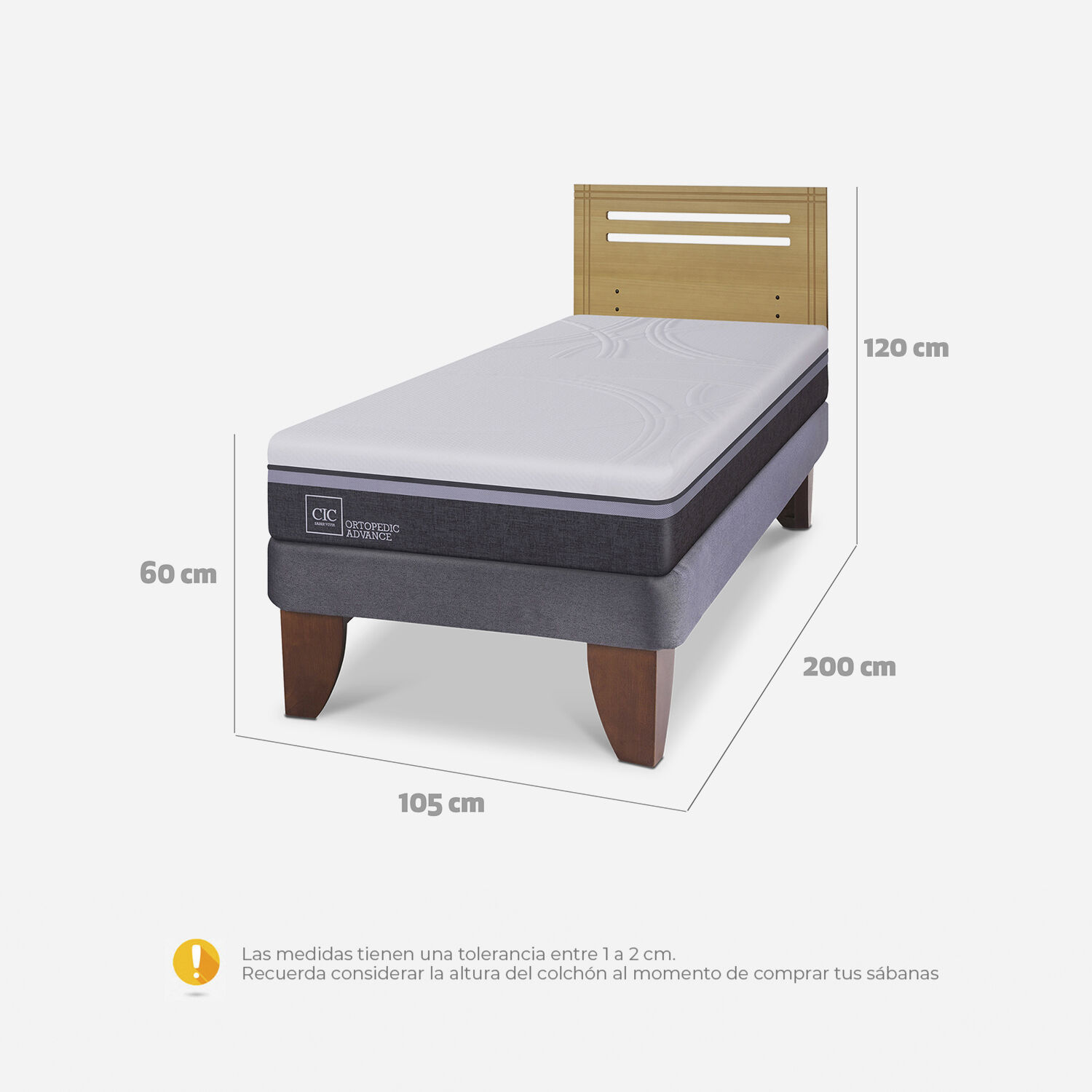 Cama Europea 1,5 Plazas Ortopedic Advance + Respaldo M&uacute;nich Mostaza