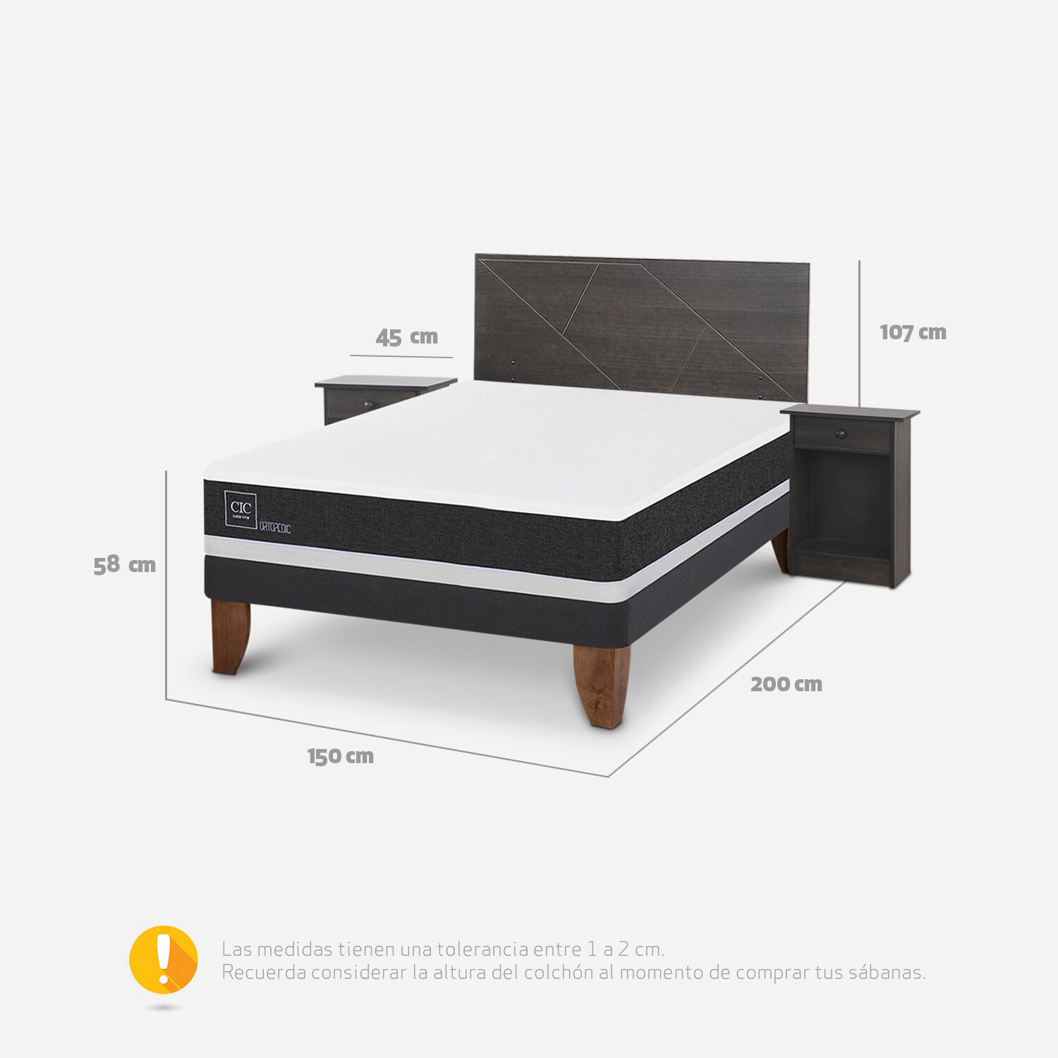 Cama Europea 2 Plazas Ortopedic Base Normal + Set Villarrica Gris