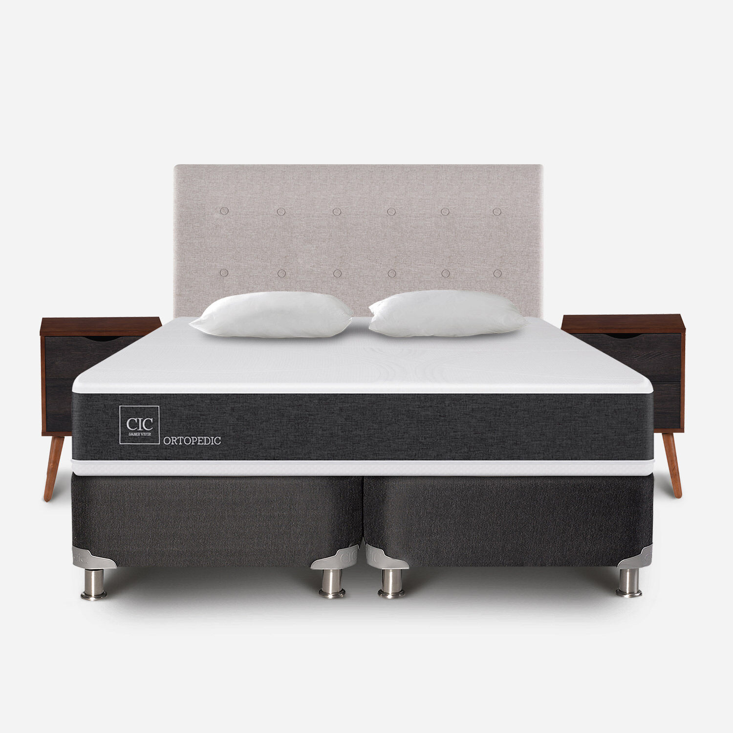 Box Spring 2 Plazas Ortopedic Base Dividida 5 Zonas + Almohadas + Set Tigris