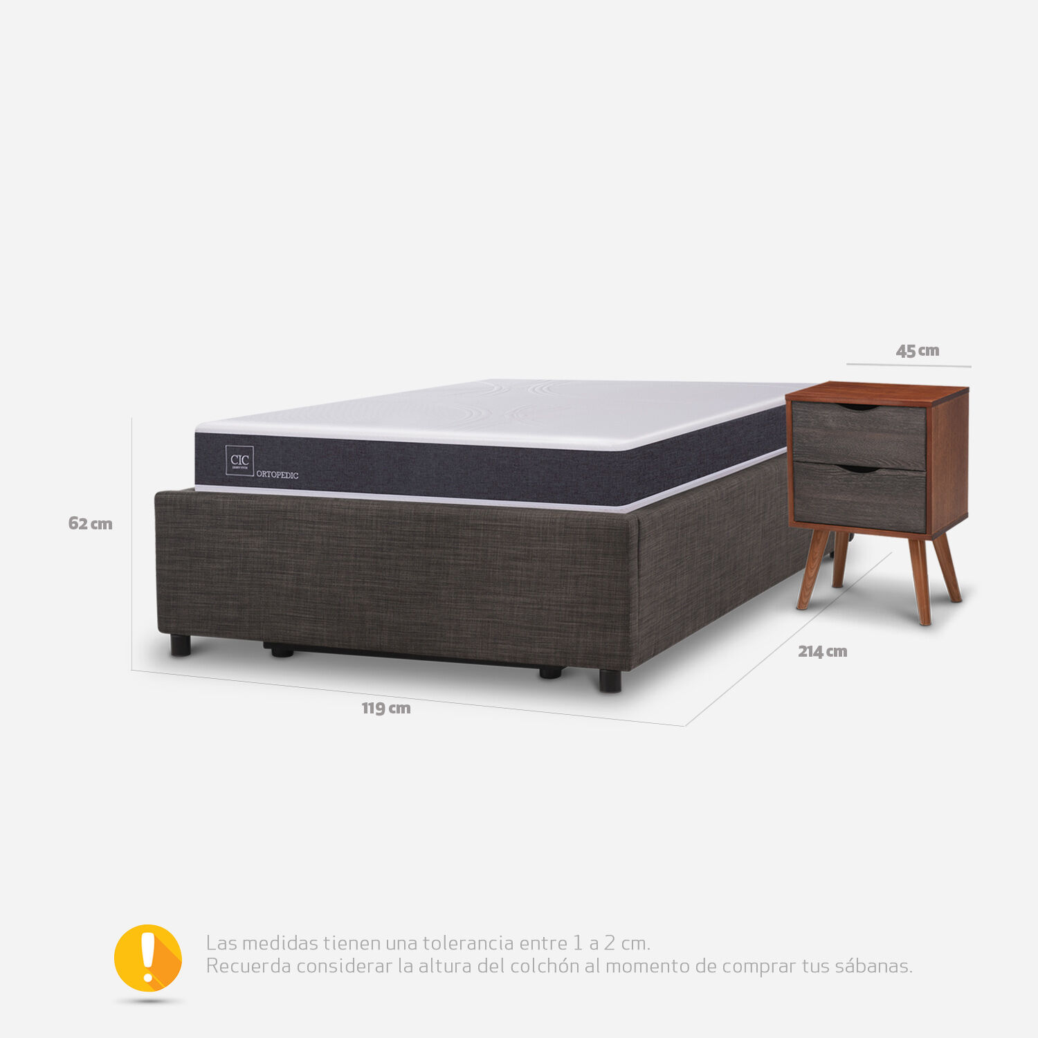 Cama Space Box 1,5 Plazas Ortopedic + Velador Níger