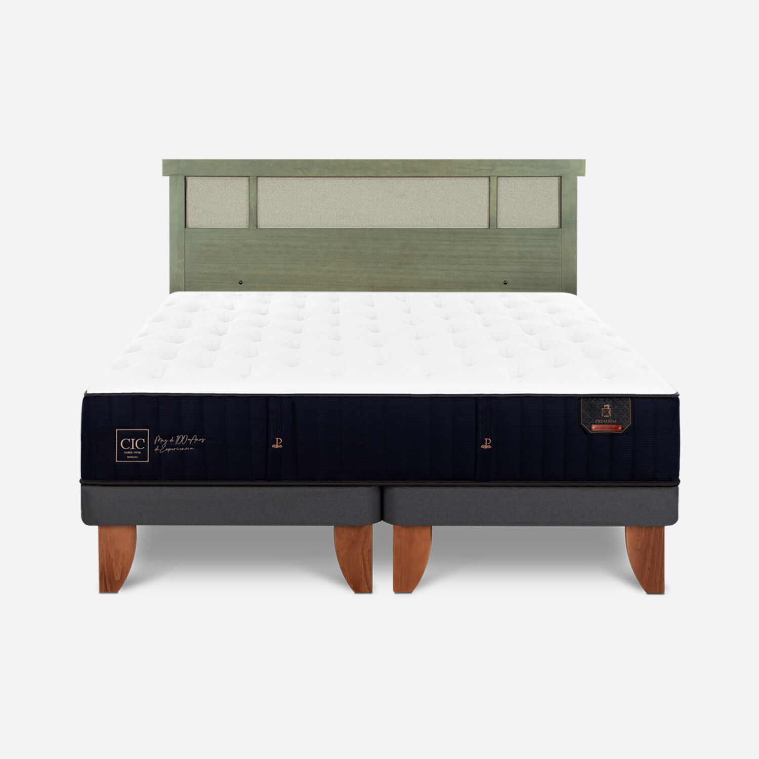 Cama Europea King Premium + Respaldo Dubl&iacute;n Olivo