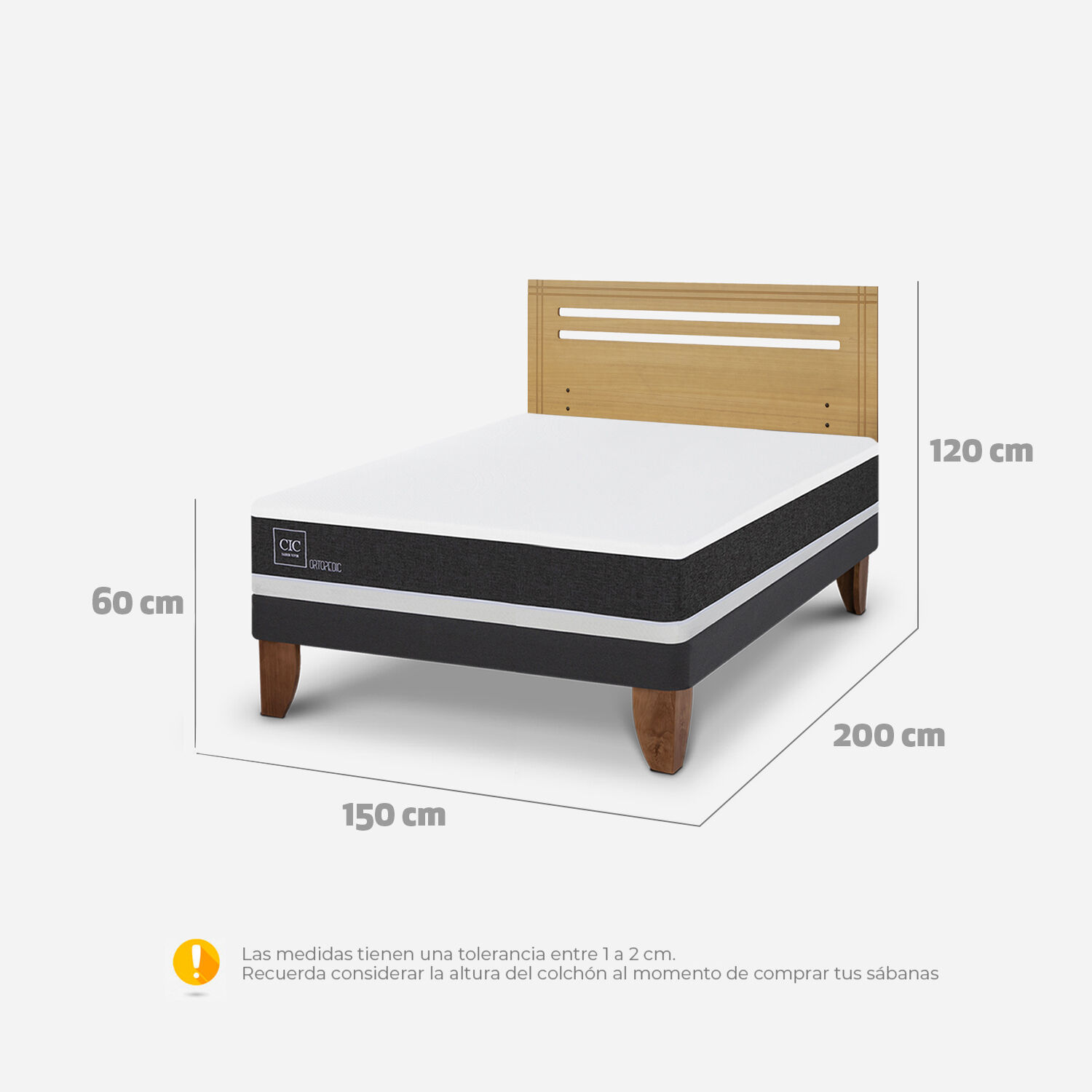 Cama Europea 2 Plazas Ortopedic Base Normal + Respaldo Múnich Mostaza