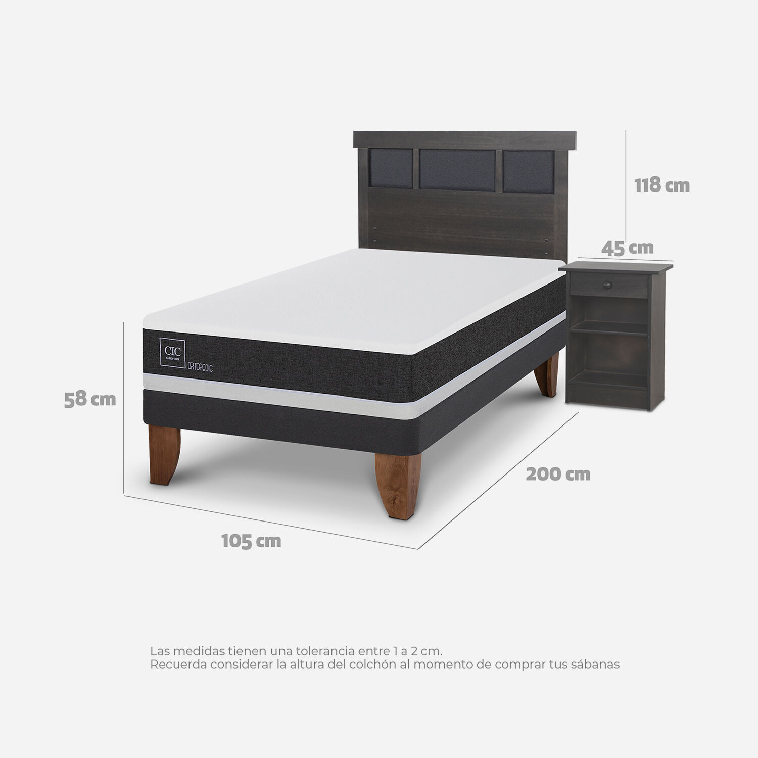 Cama Europea 1,5 Plazas Ortopedic Set Dublín Gris