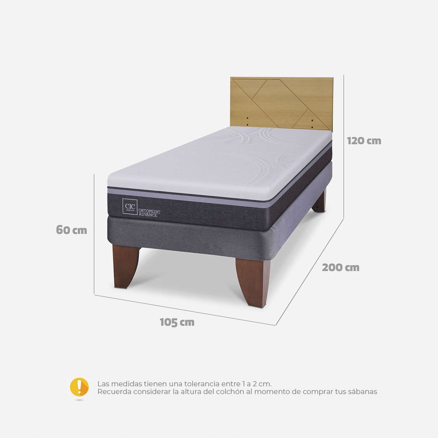 Cama Europea 1,5 Plazas Ortopedic Advance + Respaldo Villarrica Mostaza